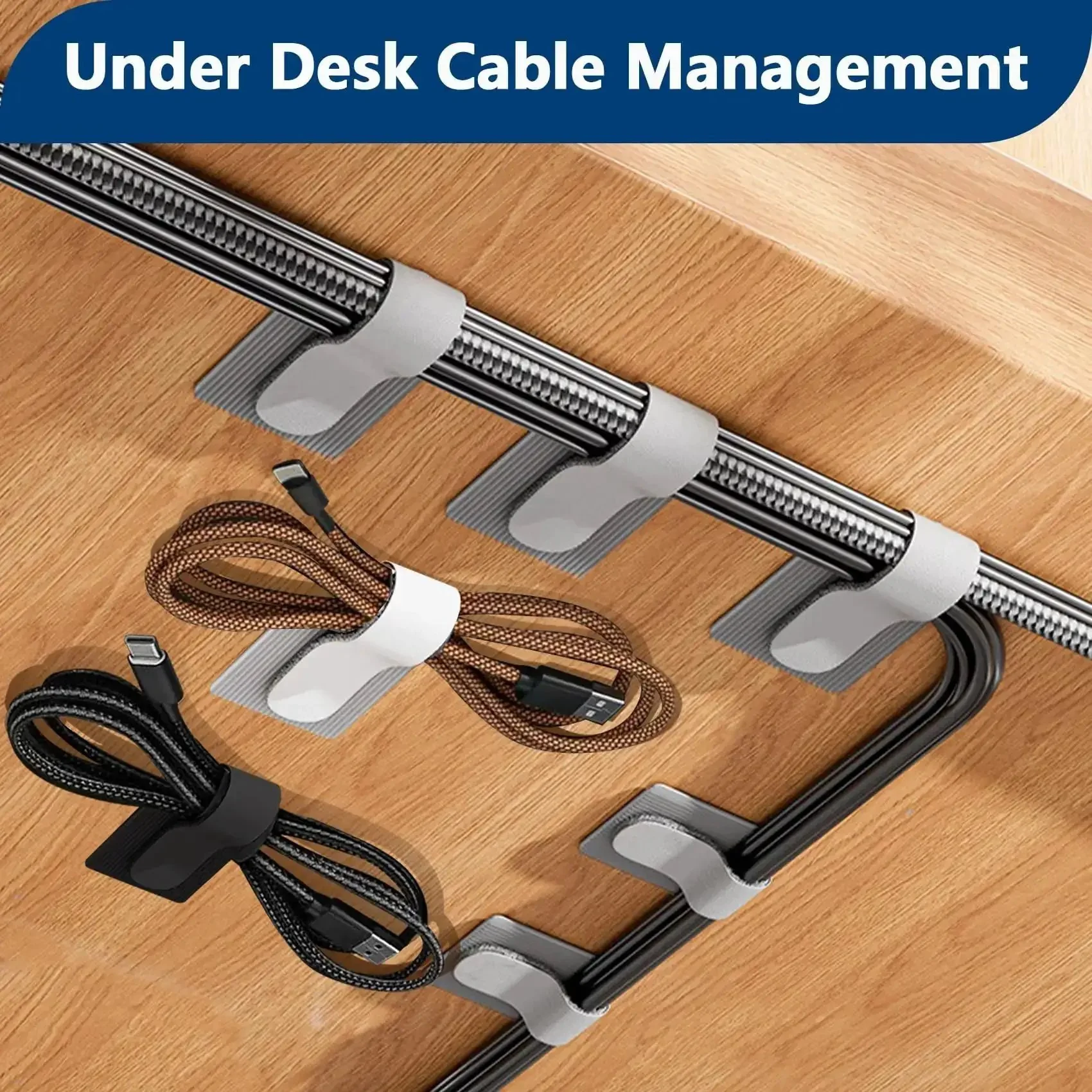 50 Pack Hook And Loop Cable Ties For Under Desk Cable Management, Self Adhesive Cable Clips And Sticky Back Wire Organizer For TV, PC, Laptop, Ethernet Cables, White - Image 8
