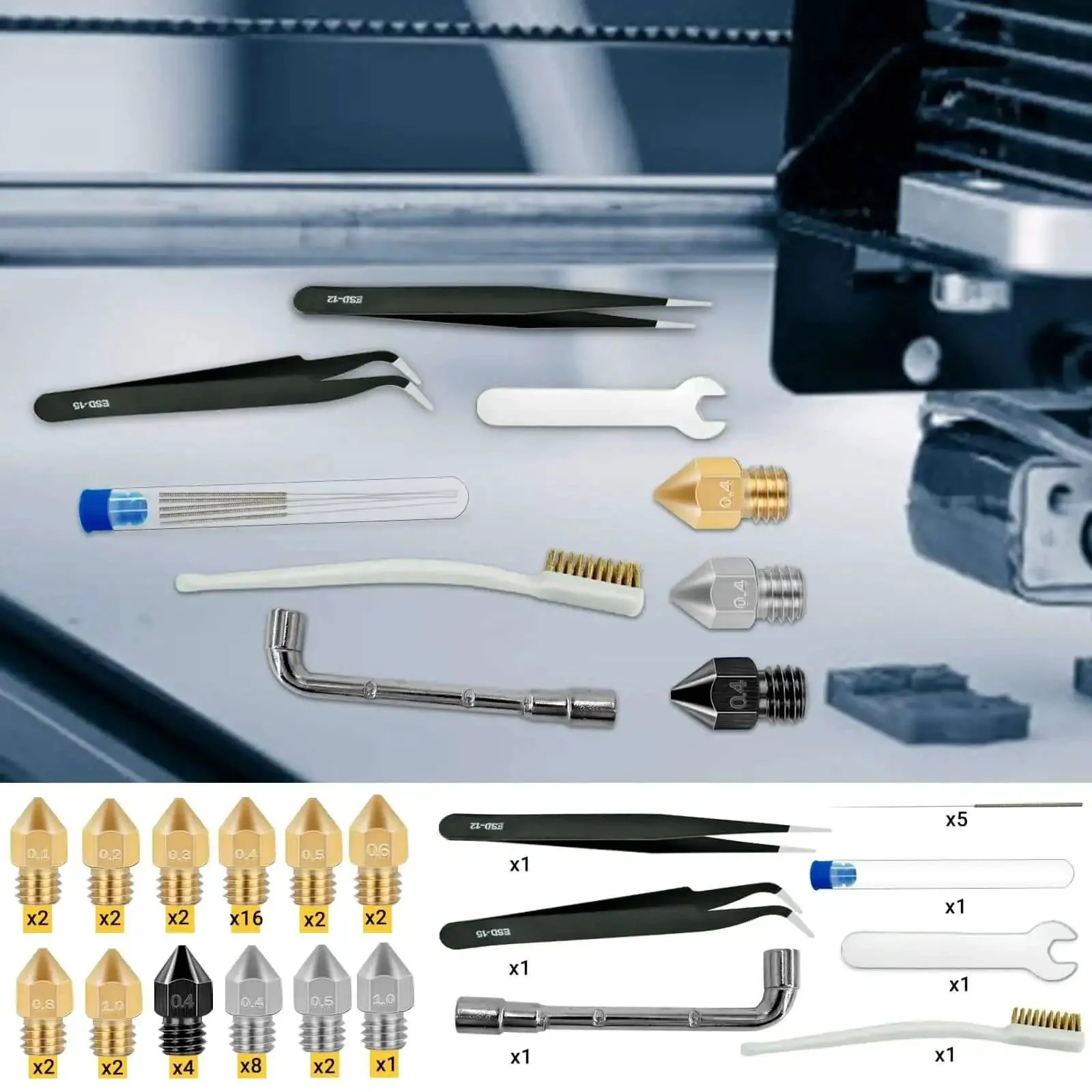 50 Piece Mk8 3D Printer Nozzle Set Hardened Steel Stainless Steel Brass For CR 10 Ender 3 High Temperature Wear Resistant Extruder Nozzles With Mixed Diameters And Cleaning Tools Kit - Image 5
