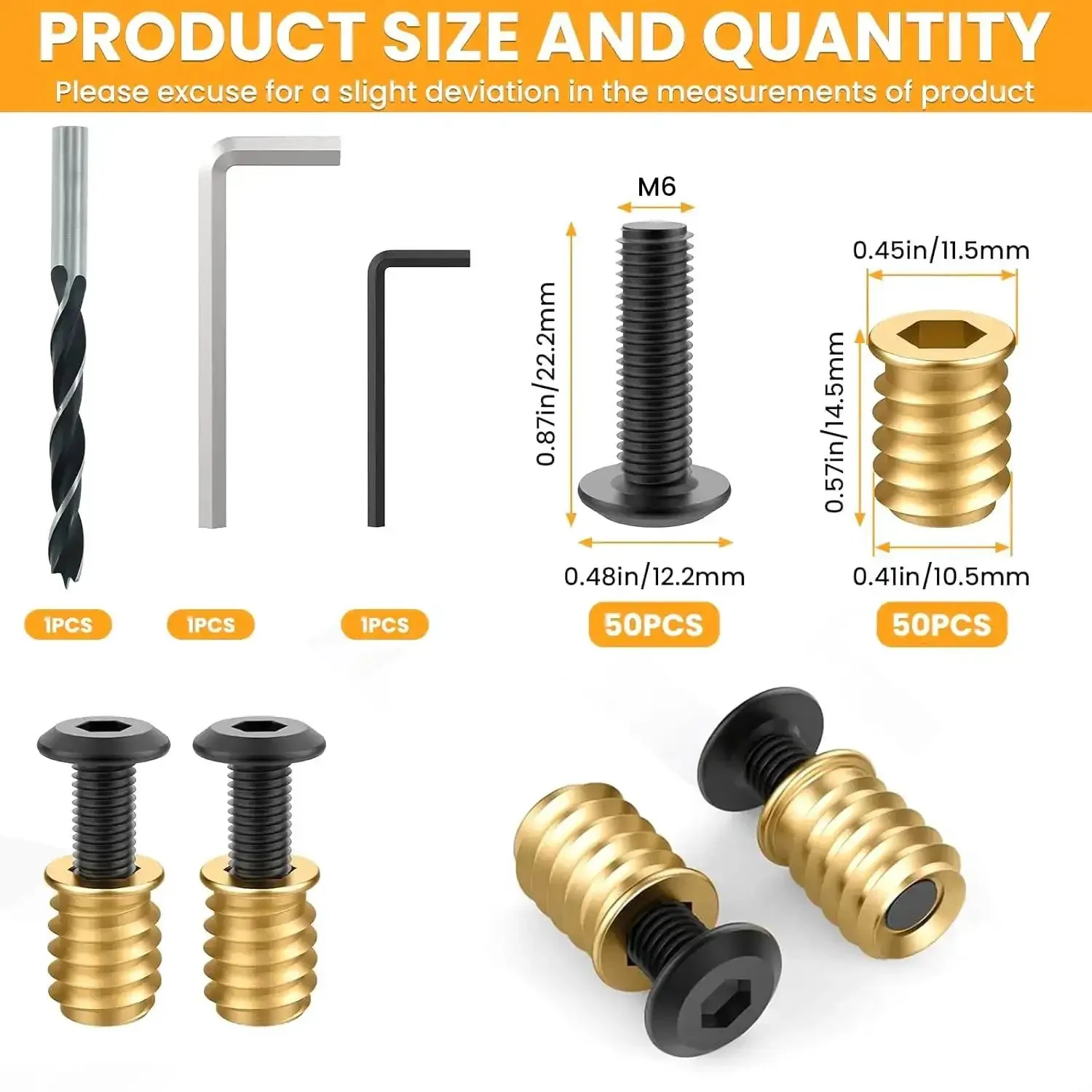 50 Sets 1/4-20 X 19/32 Inch Threaded Inserts And Bolts For Wood Hex Socket Drive Furniture Screws And Nuts Kit With Hex Wrenches And Drill Bit Heavy Duty Carbon Steel Bolts Galvanized Nuts Built To Last And Corrosion Resistant - Image 7