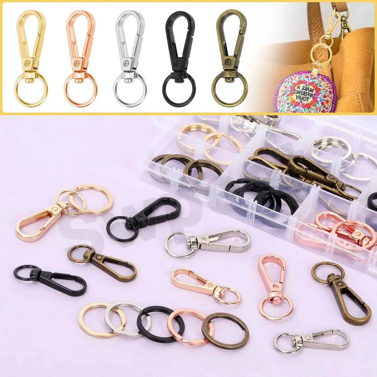 50Pcs 5 Colors Push Gate Snap Hooks With Key Rings Kit For Lanyards Handbags DIY Crafts 50Mm Push Gate Clasps 25Mm Key Rings Swivel Clasps Clip Hooks And Split Ring Set For Craft Projects - Image 3