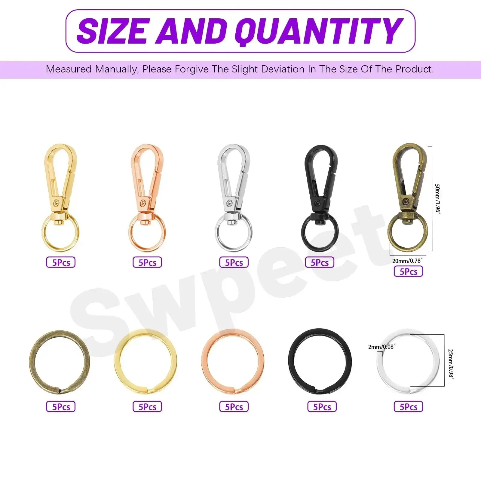 50Pcs 5 Colors Push Gate Snap Hooks With Key Rings Kit For Lanyards Handbags DIY Crafts 50Mm Push Gate Clasps 25Mm Key Rings Swivel Clasps Clip Hooks And Split Ring Set For Craft Projects - Image 7