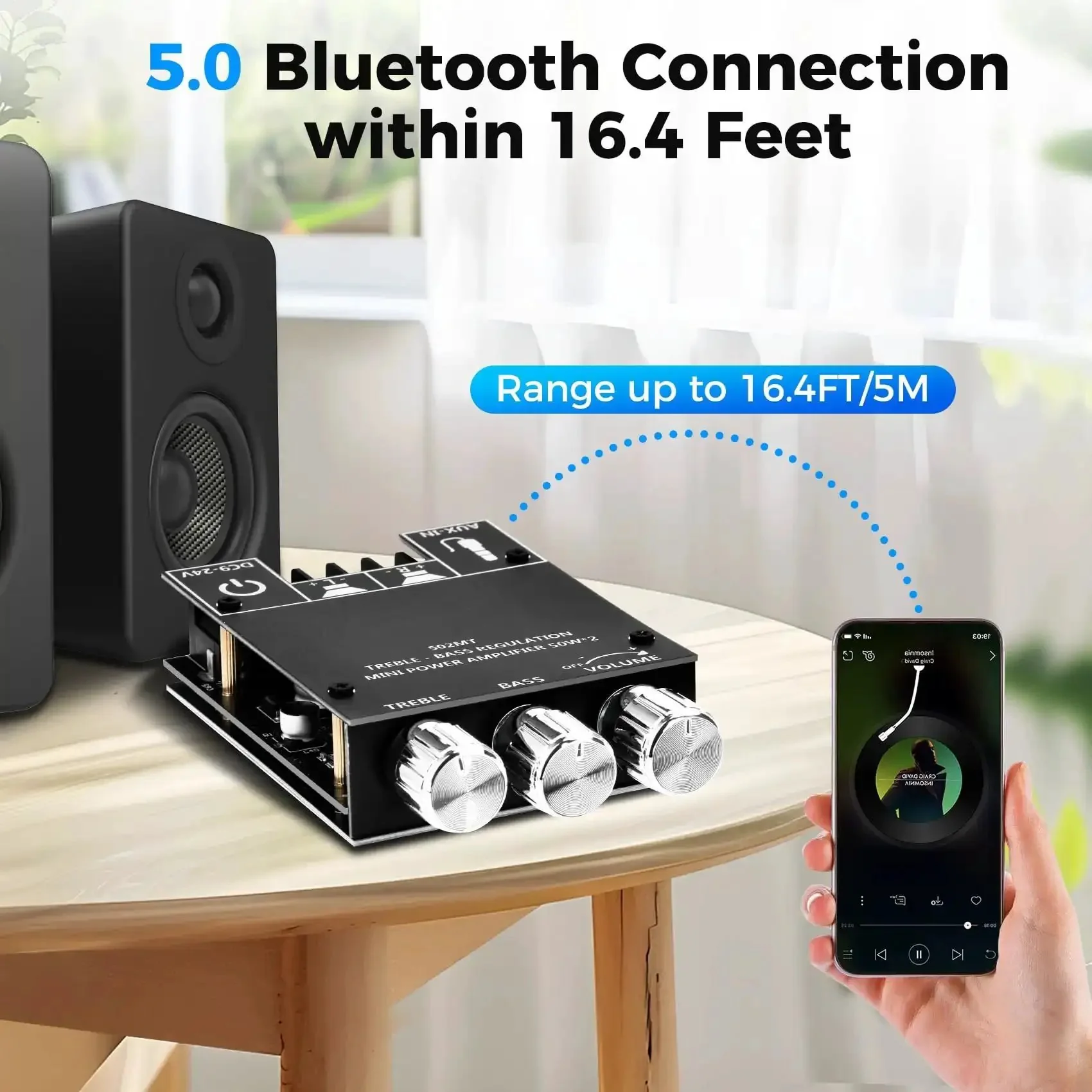 50W Per Channel Bluetooth Amplifier Board With Bass And Treble Control, Dual HiFi Chip 2.0 Channel Amp Board, DC 9 to 24V, Bluetooth And AUX Inputs, Ideal For DIY Home Wireless Speaker Projects - Image 5