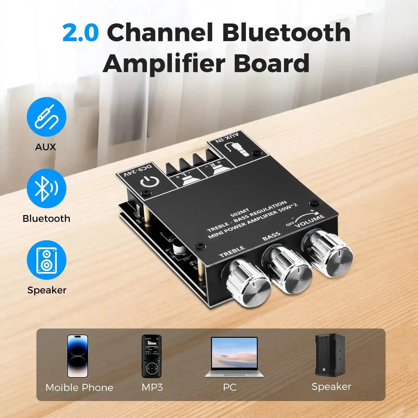 50W Per Channel Bluetooth Amplifier Board With Bass And Treble Control, Dual HiFi Chip 2.0 Channel Amp Board, DC 9 to 24V, Bluetooth And AUX Inputs, Ideal For DIY Home Wireless Speaker Projects - Image 6