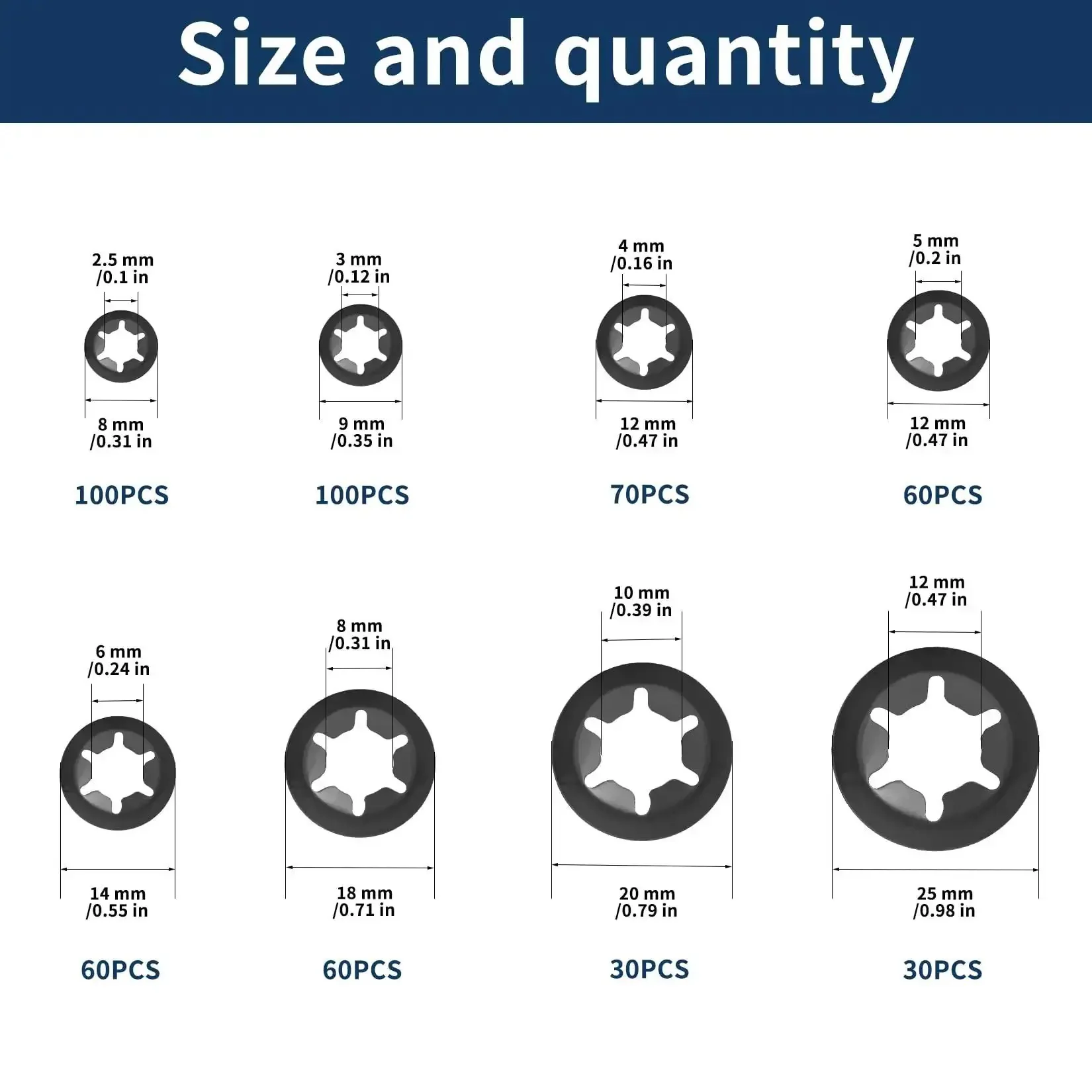 510 Piece Internal Tooth Star Lock Washers Set For M2.5 To M12 Push On Star Lock Washers, Metal Quick Retainer Washers In Black Finish, Ideal For DIY Projects, Automotive Applications, And Hobby Builds - Image 7