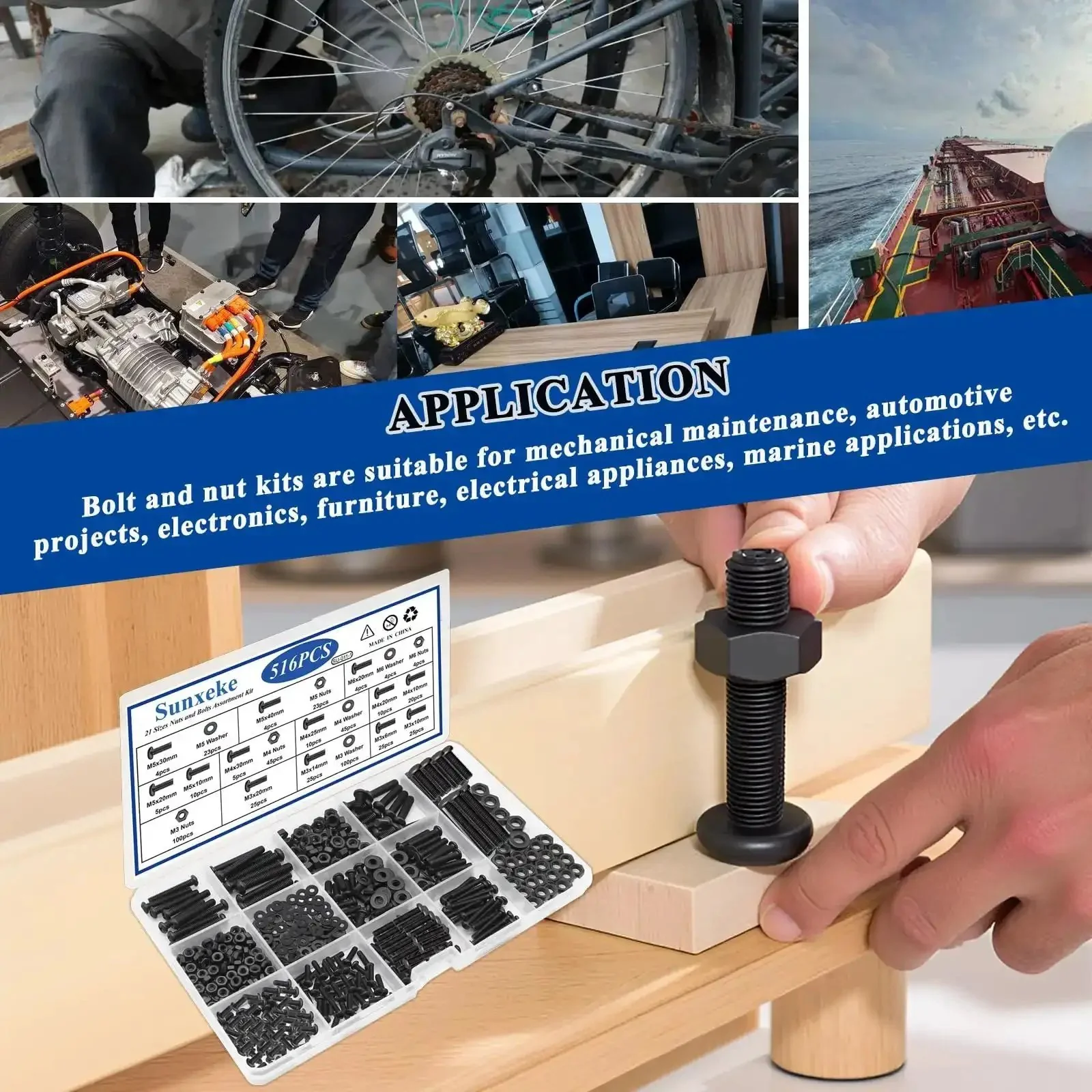 516 Piece Nuts And Bolts Hardware Kit With 21 Sizes M3 M4 M5 M6 Phillips Pan Head Fasteners And Washers For DIY Furniture Assembly Automotive And Machinery Projects Black - Image 2