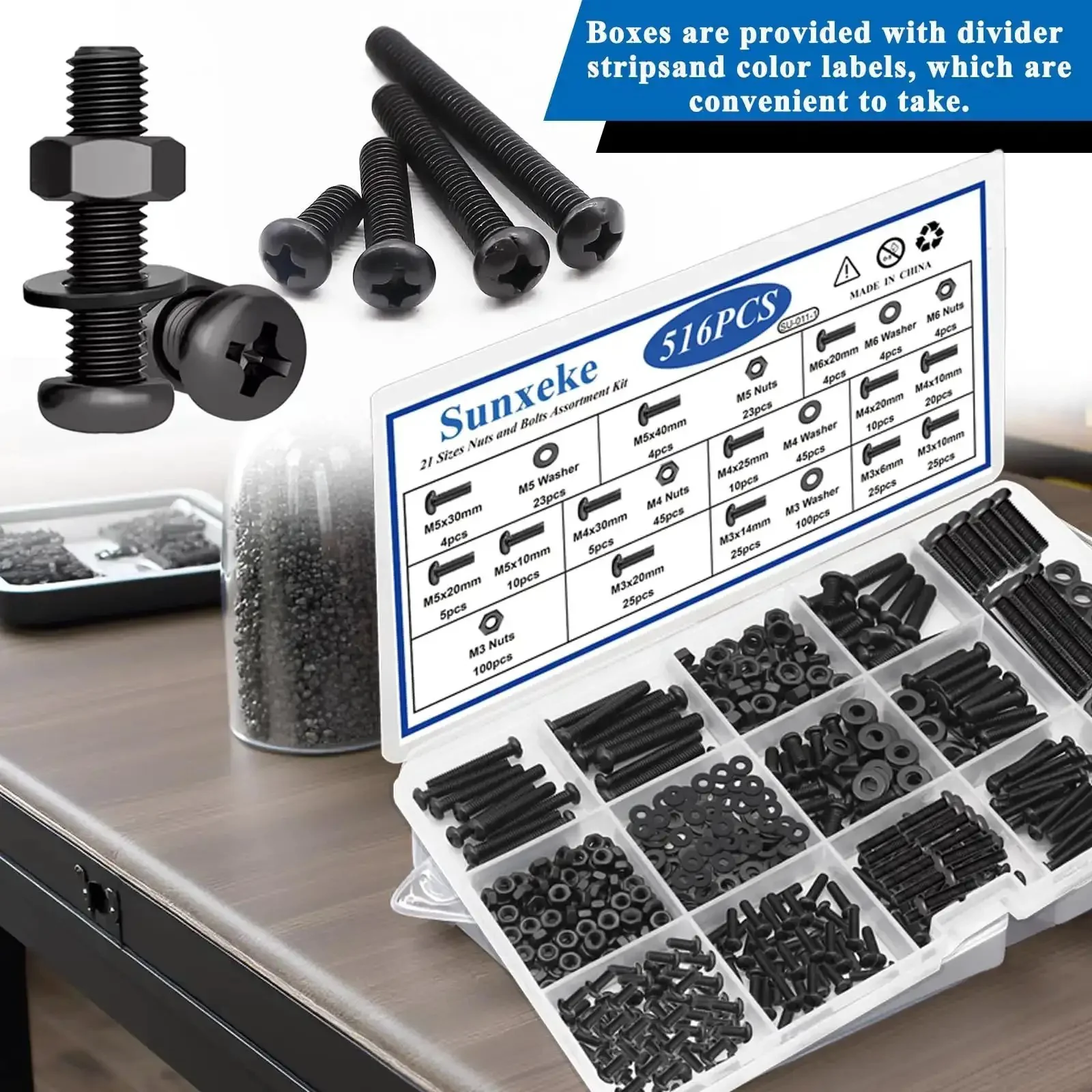 516 Piece Nuts And Bolts Hardware Kit With 21 Sizes M3 M4 M5 M6 Phillips Pan Head Fasteners And Washers For DIY Furniture Assembly Automotive And Machinery Projects Black - Image 4