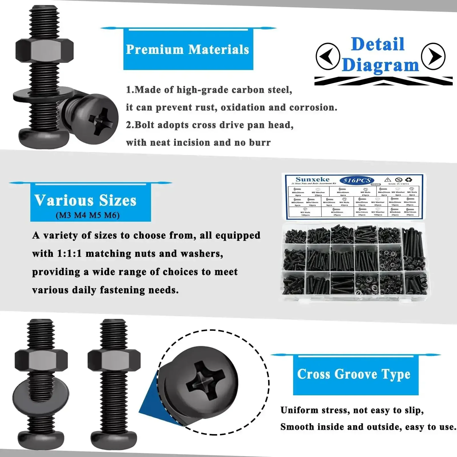 516 Piece Nuts And Bolts Hardware Kit With 21 Sizes M3 M4 M5 M6 Phillips Pan Head Fasteners And Washers For DIY Furniture Assembly Automotive And Machinery Projects Black - Image 5