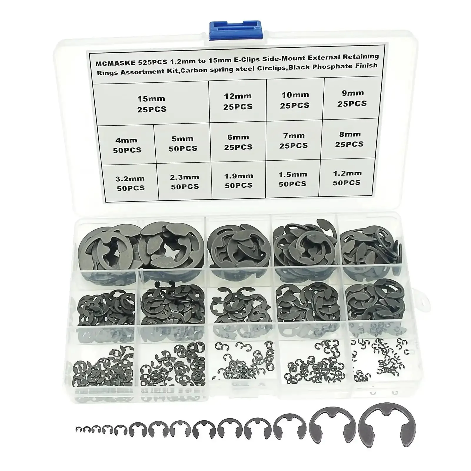 525 Piece E Clips And Retaining Rings Kit, 14 Metric Sizes Side Mount External Retaining Rings 1.2mm To 15mm Diameter, Carbon Steel With Black Phosphate Finish, Heavy Duty DIY Gear For Shafts And Machinery