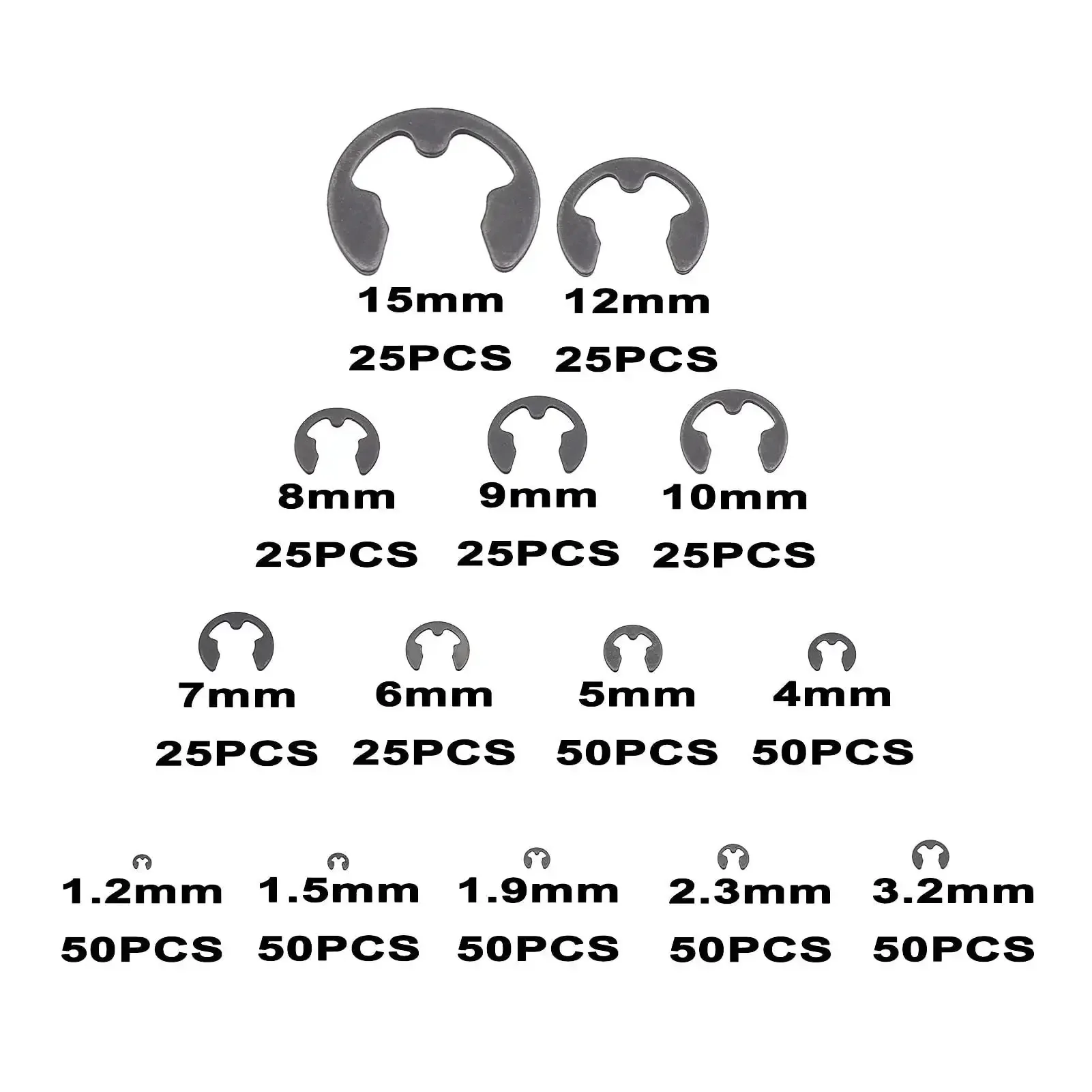 525 Piece E Clips And Retaining Rings Kit, 14 Metric Sizes Side Mount External Retaining Rings 1.2mm To 15mm Diameter, Carbon Steel With Black Phosphate Finish, Heavy Duty DIY Gear For Shafts And Machinery - Image 7