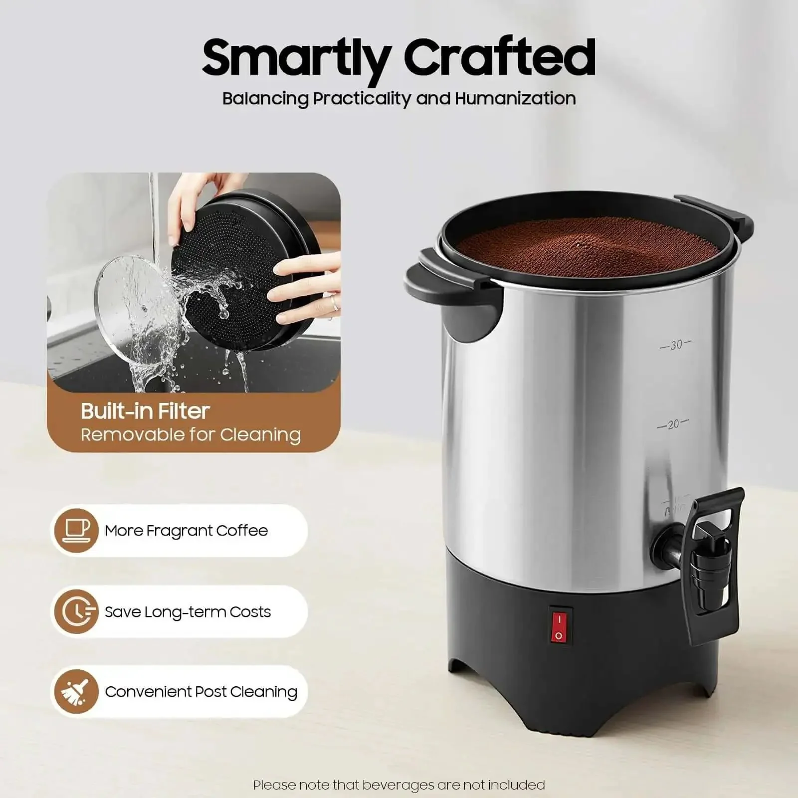5.2L Heavy Duty Large Capacity Commercial Coffee Urn With Quick Brew For Offices, Catering And Churches, 30-Cup Percolator, Double Wall Stainless Steel, Temperature Range 30 To 100 C, Hot Water Urn For Catering Use, Durable Food Grade Inner Liner - Image 5