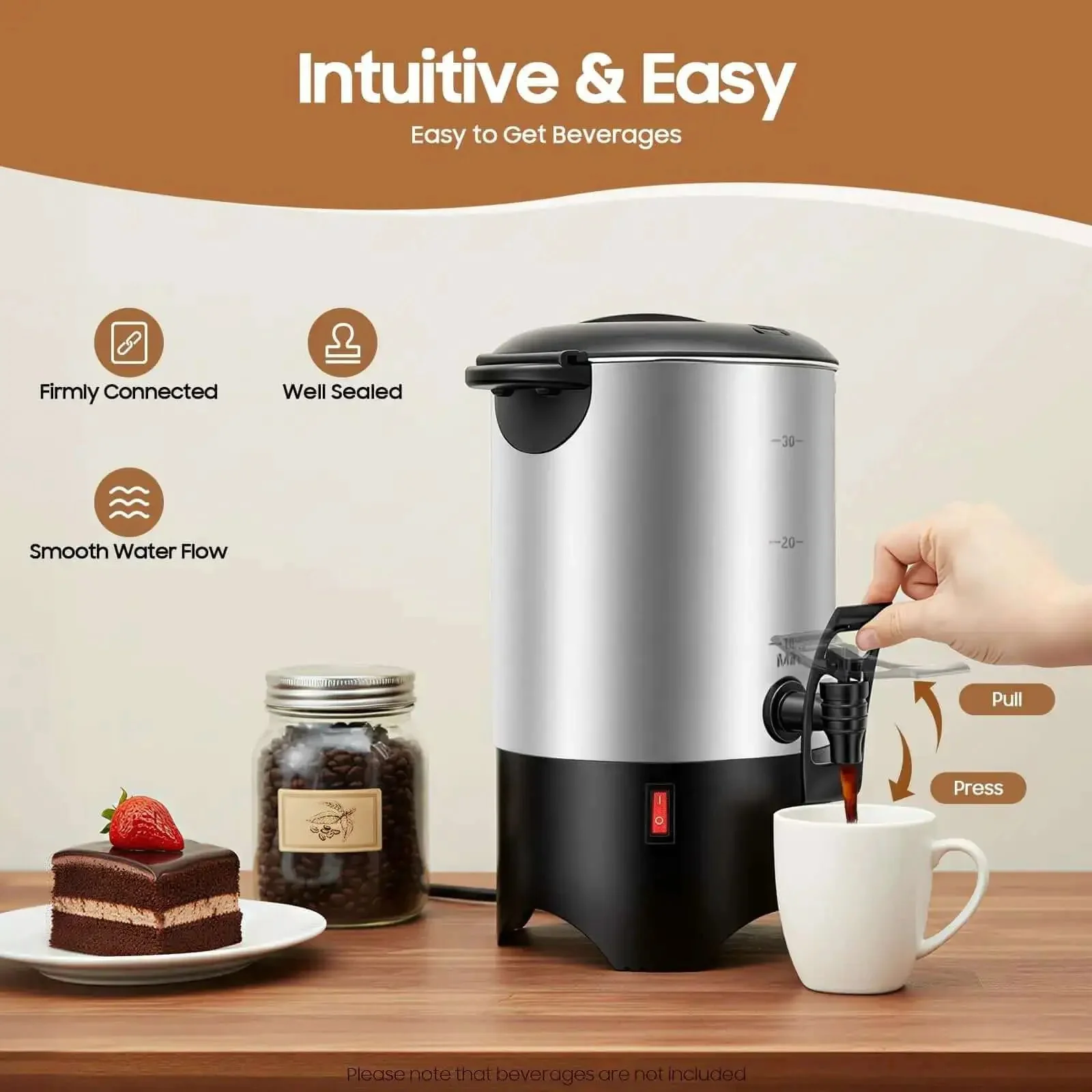 5.2L Heavy Duty Large Capacity Commercial Coffee Urn With Quick Brew For Offices, Catering And Churches, 30-Cup Percolator, Double Wall Stainless Steel, Temperature Range 30 To 100 C, Hot Water Urn For Catering Use, Durable Food Grade Inner Liner - Image 6