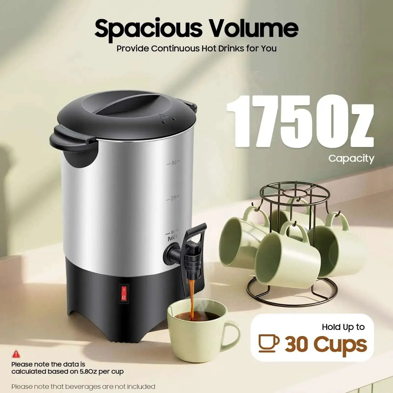 5.2L Heavy Duty Large Capacity Commercial Coffee Urn With Quick Brew For Offices, Catering And Churches, 30-Cup Percolator, Double Wall Stainless Steel, Temperature Range 30 To 100 C, Hot Water Urn For Catering Use, Durable Food Grade Inner Liner - Image 7