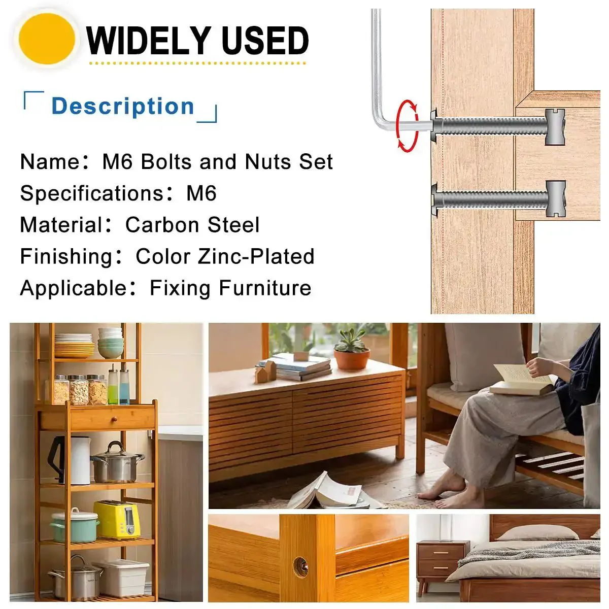 54 Piece Crib Screws And Nuts Kit With Hex Socket Cap Screws, Barrel Nuts, And Wooden Dowels Including M6 Fasteners In 16mm To 60mm Lengths, Includes Hex Wrench For Bed Frames And DIY Furniture Repairs - Image 2