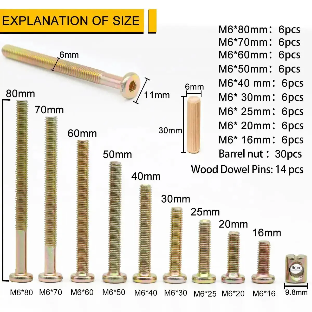 54 Piece Crib Screws And Nuts Kit With Hex Socket Cap Screws, Barrel Nuts, And Wooden Dowels Including M6 Fasteners In 16mm To 60mm Lengths, Includes Hex Wrench For Bed Frames And DIY Furniture Repairs - Image 7