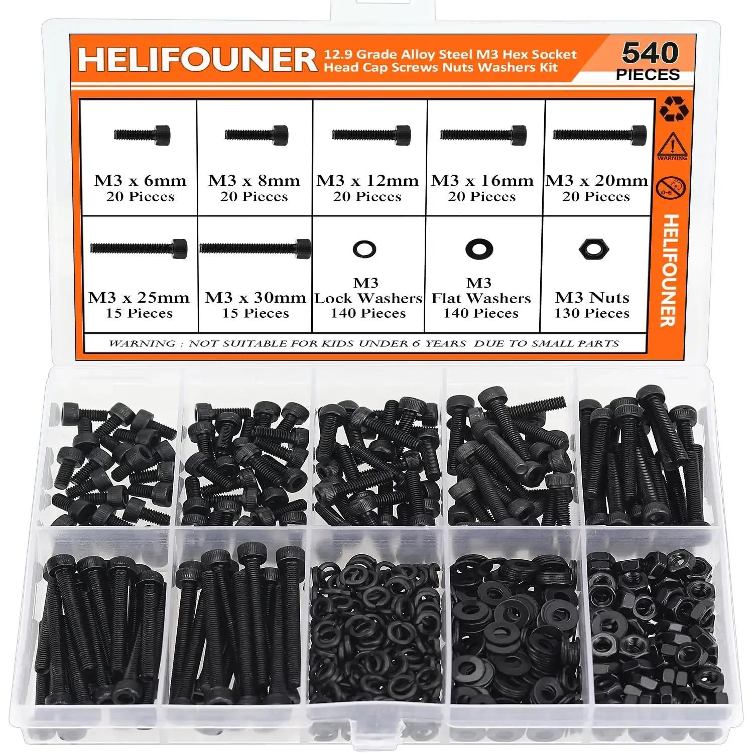 540 Piece M3 Hex Socket Head Cap Screws Kit With Nuts Washers In Black 6mm 8mm 12mm 16mm 20mm 25mm 30mm Beefy Full Threaded 12.9 Grade Alloy Steel Hardware Set