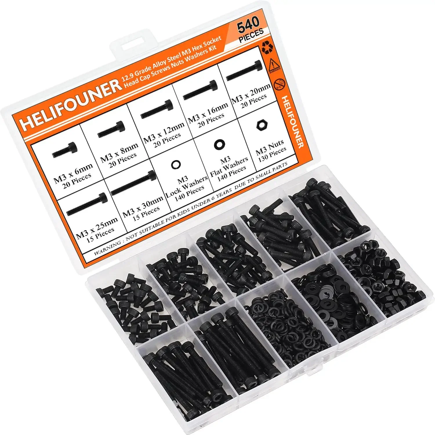 540 Piece M3 Hex Socket Head Cap Screws Kit With Nuts Washers In Black 6mm 8mm 12mm 16mm 20mm 25mm 30mm Beefy Full Threaded 12.9 Grade Alloy Steel Hardware Set - Image 3