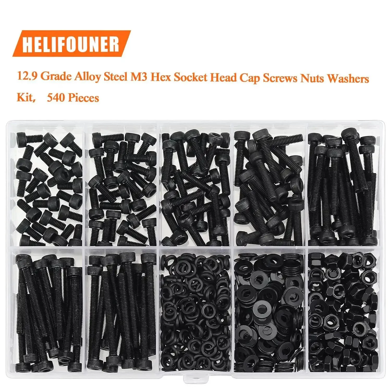 540 Piece M3 Hex Socket Head Cap Screws Kit With Nuts Washers In Black 6mm 8mm 12mm 16mm 20mm 25mm 30mm Beefy Full Threaded 12.9 Grade Alloy Steel Hardware Set - Image 5