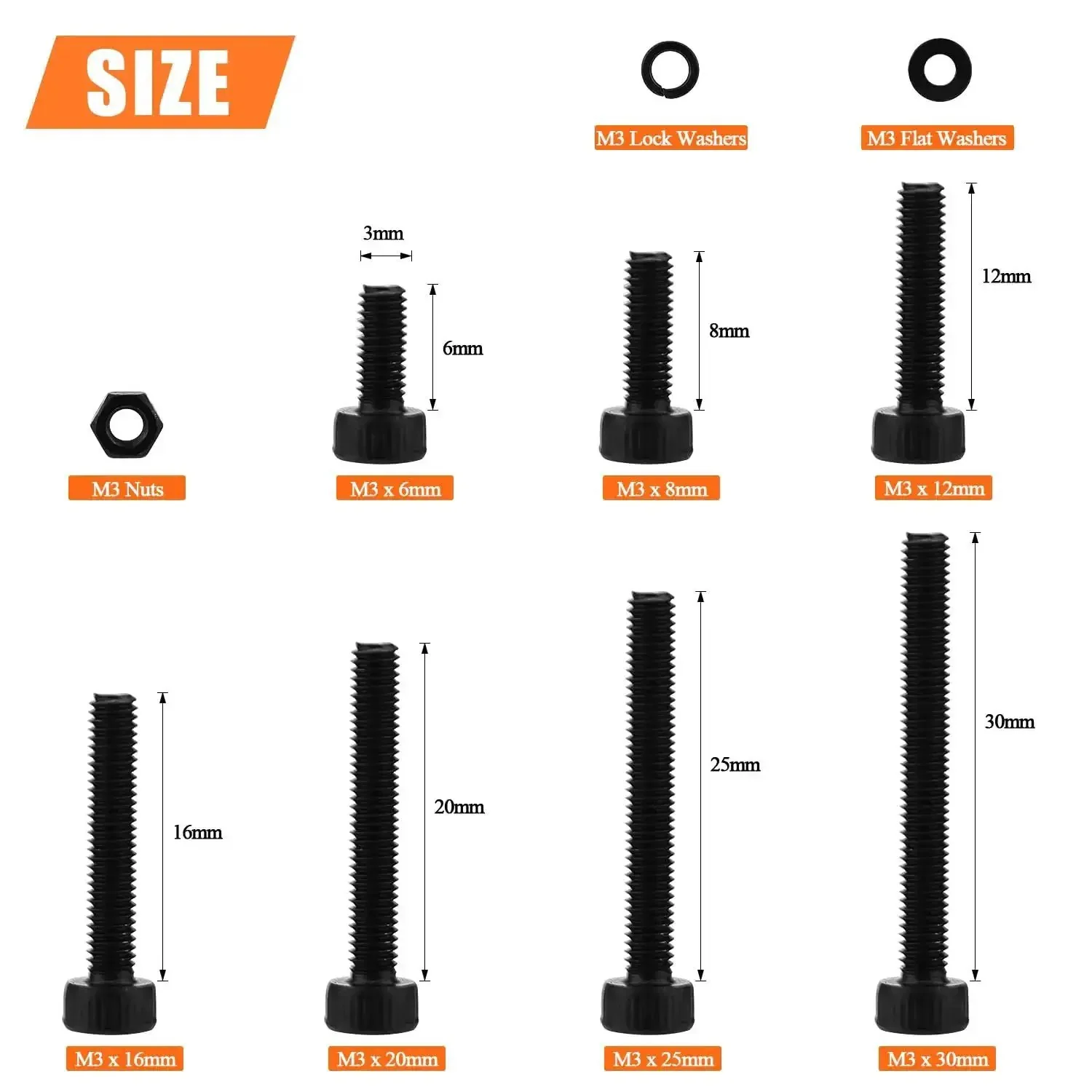 540 Piece M3 Hex Socket Head Cap Screws Kit With Nuts Washers In Black 6mm 8mm 12mm 16mm 20mm 25mm 30mm Beefy Full Threaded 12.9 Grade Alloy Steel Hardware Set - Image 7