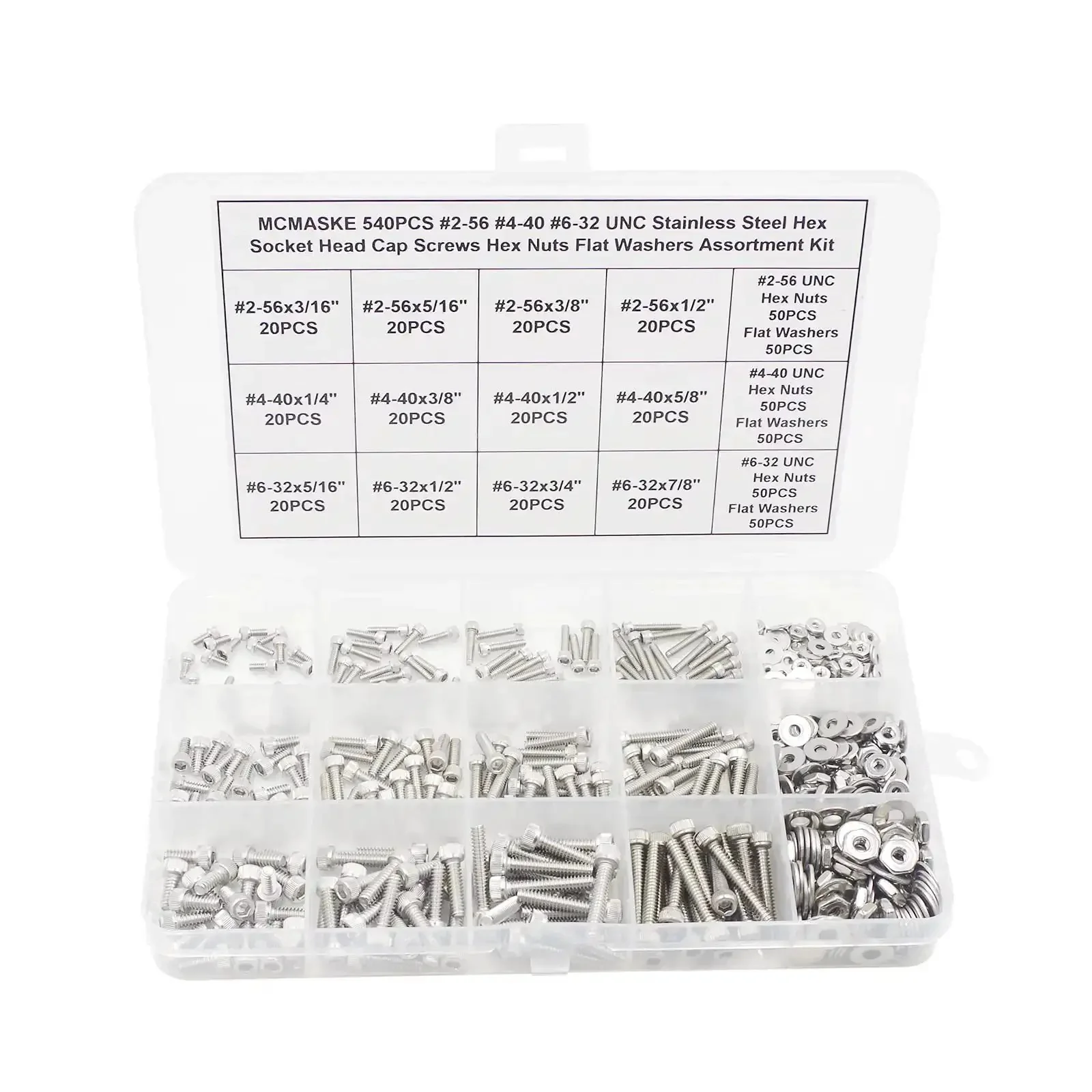 540-Piece Stainless Steel Socket Head Cap Screws, Hex Nuts, And Flat Washers All-In-One Assortment Kit For 2-56, 4-40, And 6-32 UNC Threads, Coarse Right Hand Thread, 304 Stainless Hardware Set For Quick, Easy Repairs