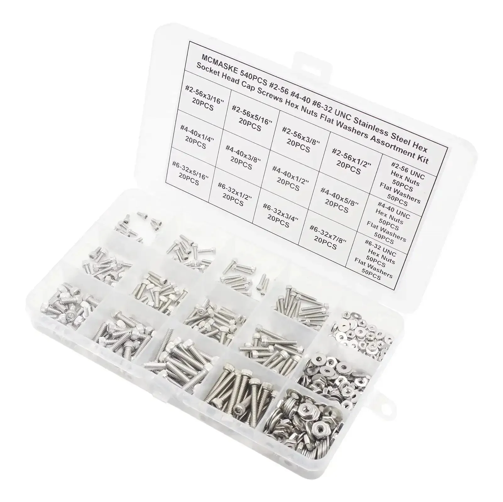 540-Piece Stainless Steel Socket Head Cap Screws, Hex Nuts, And Flat Washers All-In-One Assortment Kit For 2-56, 4-40, And 6-32 UNC Threads, Coarse Right Hand Thread, 304 Stainless Hardware Set For Quick, Easy Repairs - Image 3