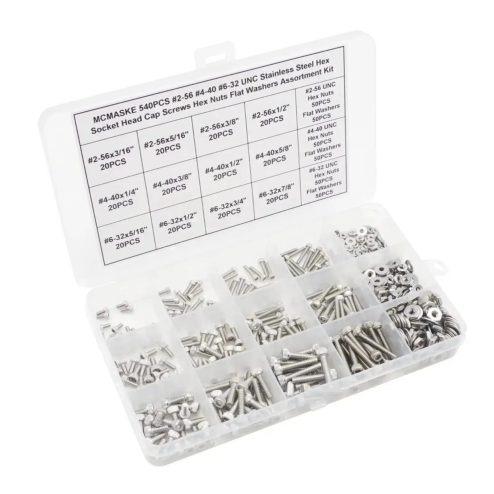 540-Piece Stainless Steel Socket Head Cap Screws, Hex Nuts, And Flat Washers All-In-One Assortment Kit For 2-56, 4-40, And 6-32 UNC Threads, Coarse Right Hand Thread, 304 Stainless Hardware Set For Quick, Easy Repairs - Image 5