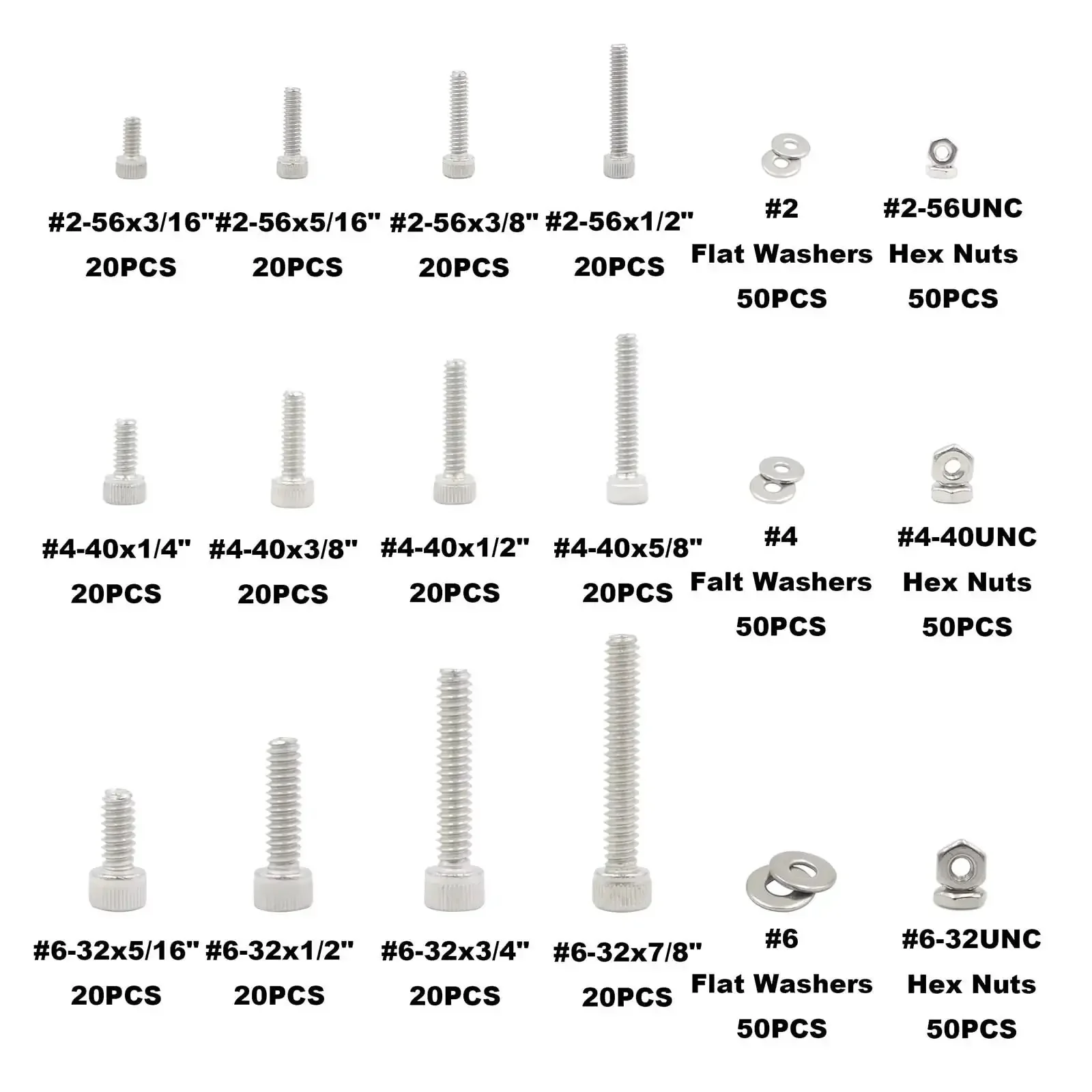 540-Piece Stainless Steel Socket Head Cap Screws, Hex Nuts, And Flat Washers All-In-One Assortment Kit For 2-56, 4-40, And 6-32 UNC Threads, Coarse Right Hand Thread, 304 Stainless Hardware Set For Quick, Easy Repairs - Image 6