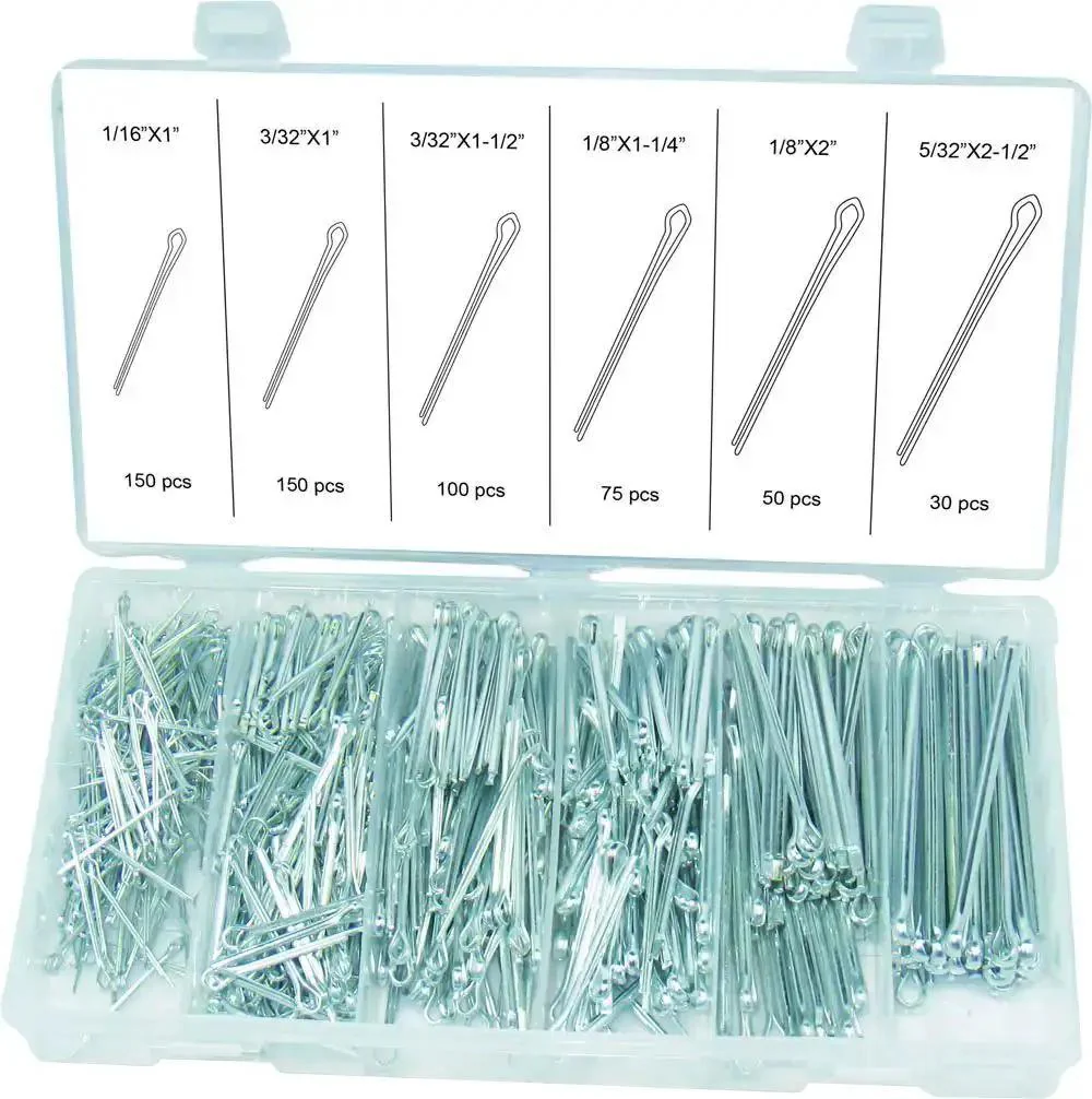 555 Piece Cotter Pin Assortment In Spring Steel With Zinc Plating Includes One Sixteenth Inch By One Inch Pins And Three Thirty Second Inch By One Inch Pins Plus Other Sizes Comes In A Handy PP Storage Case With Size Chart For Quick Identification
