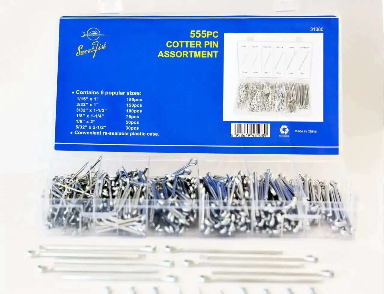 555 Piece Cotter Pin Assortment In Spring Steel With Zinc Plating Includes One Sixteenth Inch By One Inch Pins And Three Thirty Second Inch By One Inch Pins Plus Other Sizes Comes In A Handy PP Storage Case With Size Chart For Quick Identification - Image 6