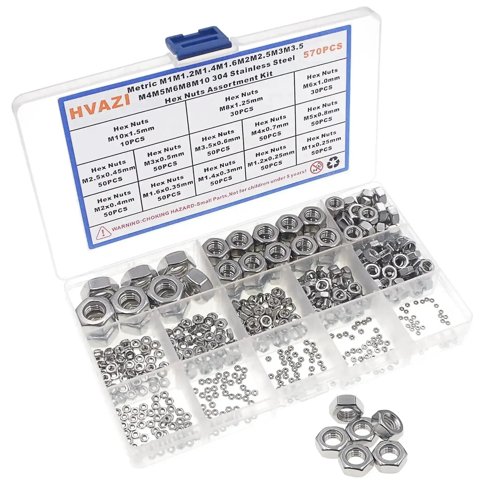 570 Piece Metric Hex Nut Set M1 To M10 Assortment Kit Coarse Thread 304 Stainless Steel Hardware For DIY Projects Automotive Maintenance And Everyday Fixes - Image 5