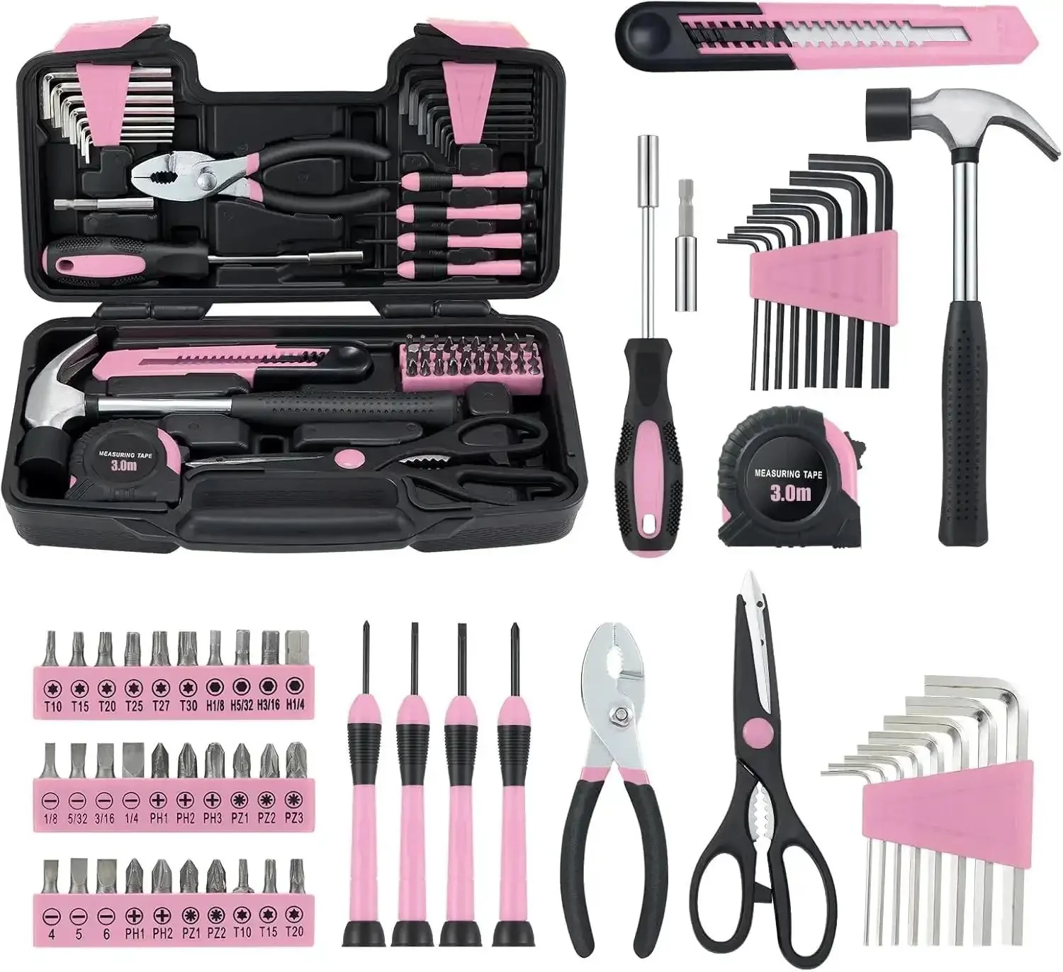 58 Piece Household Tool Set With Pink Plastic Toolbox Case For Everyday Home Repairs And DIY Projects, Includes Hammer, Pliers, Screwdrivers, Tape Measure, And More, All Purpose Tools, Ideal Starter Kit For Women And Beginners
