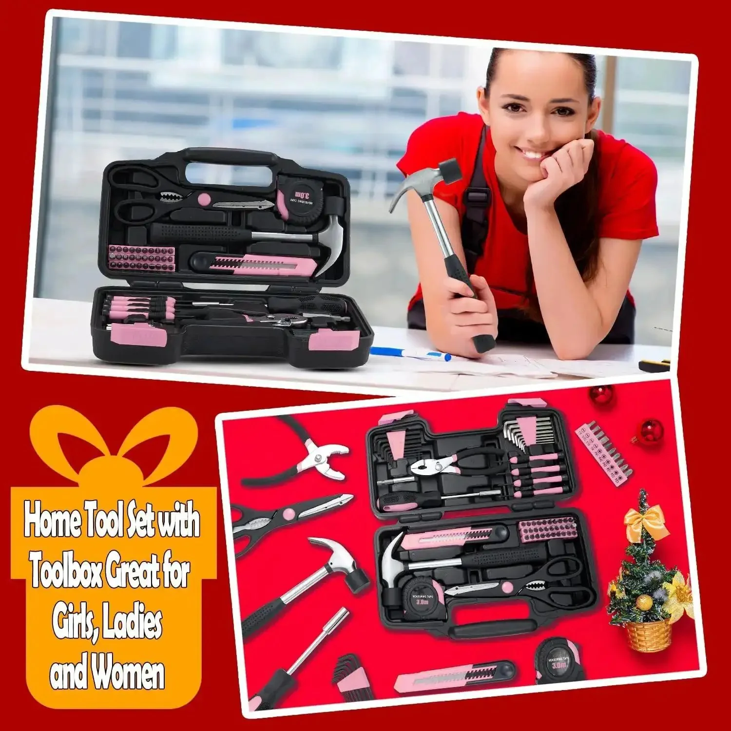 58 Piece Household Tool Set With Pink Plastic Toolbox Case For Everyday Home Repairs And DIY Projects, Includes Hammer, Pliers, Screwdrivers, Tape Measure, And More, All Purpose Tools, Ideal Starter Kit For Women And Beginners - Image 2