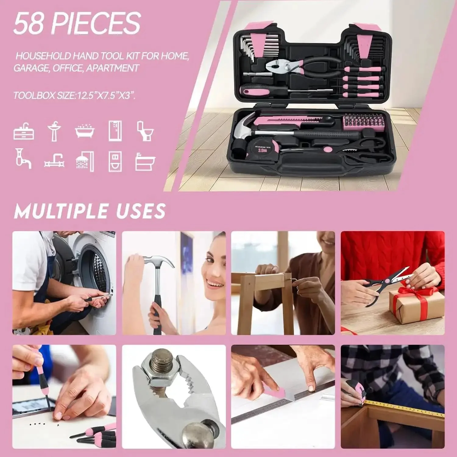 58 Piece Household Tool Set With Pink Plastic Toolbox Case For Everyday Home Repairs And DIY Projects, Includes Hammer, Pliers, Screwdrivers, Tape Measure, And More, All Purpose Tools, Ideal Starter Kit For Women And Beginners - Image 4