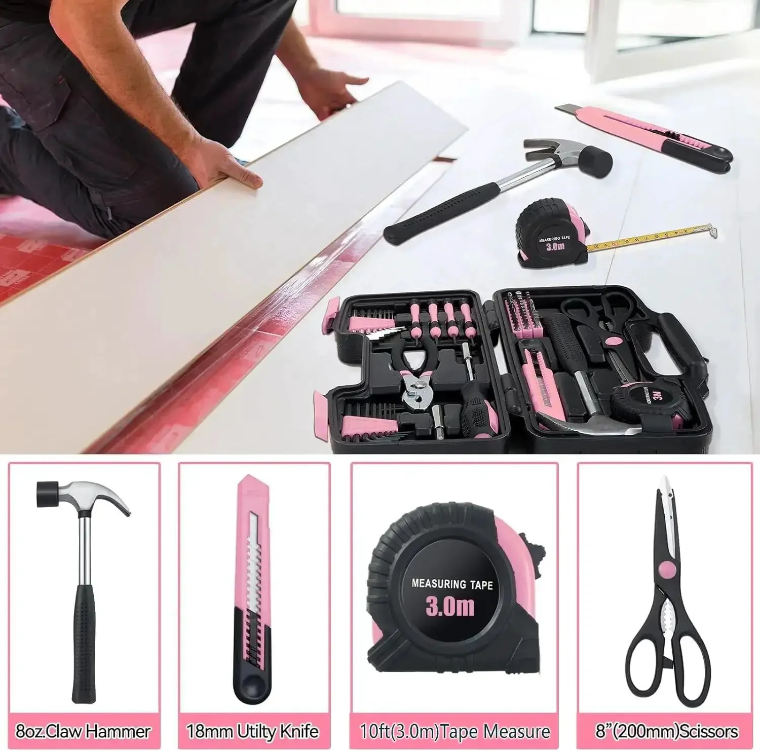 58 Piece Household Tool Set With Pink Plastic Toolbox Case For Everyday Home Repairs And DIY Projects, Includes Hammer, Pliers, Screwdrivers, Tape Measure, And More, All Purpose Tools, Ideal Starter Kit For Women And Beginners - Image 5