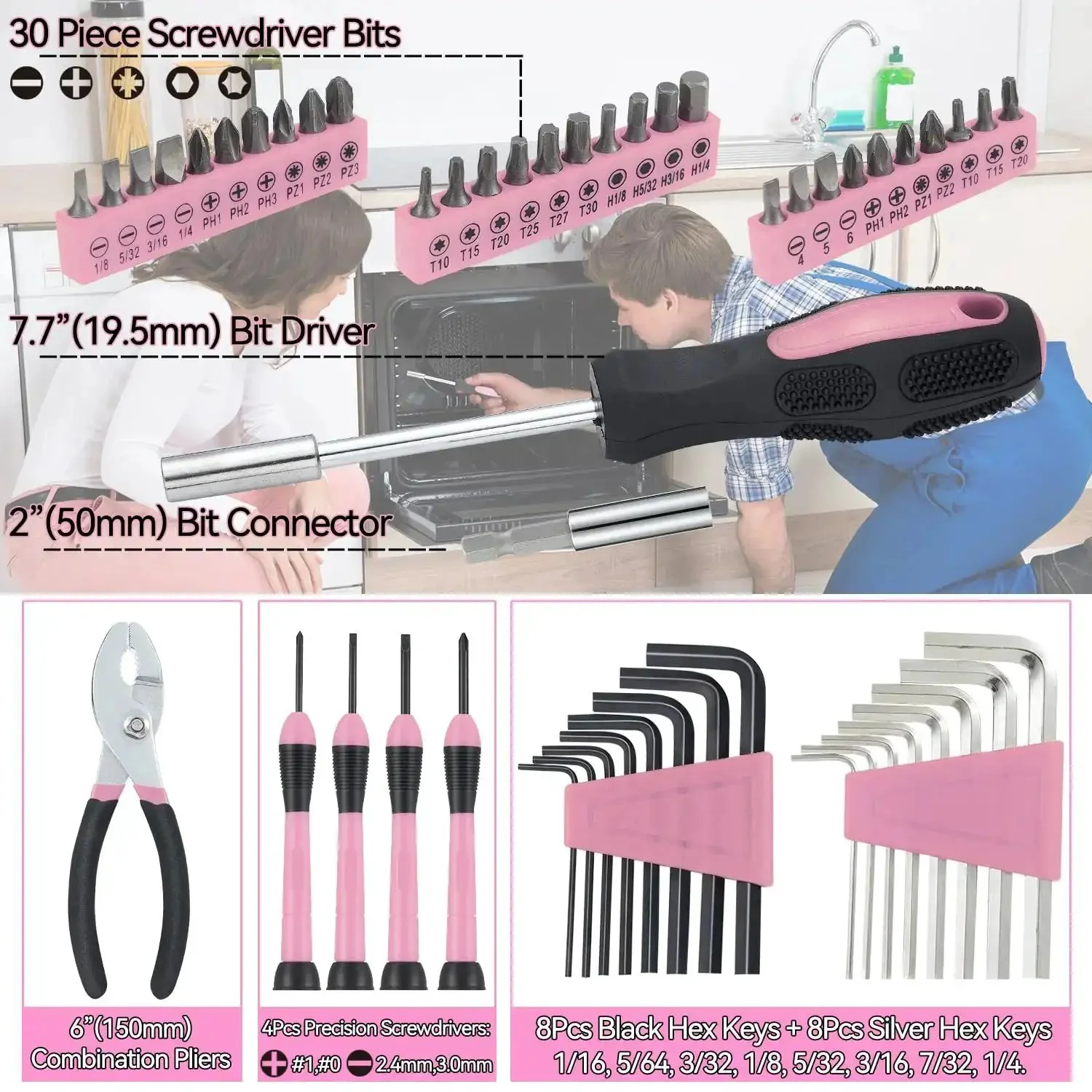 58 Piece Household Tool Set With Pink Plastic Toolbox Case For Everyday Home Repairs And DIY Projects, Includes Hammer, Pliers, Screwdrivers, Tape Measure, And More, All Purpose Tools, Ideal Starter Kit For Women And Beginners - Image 6