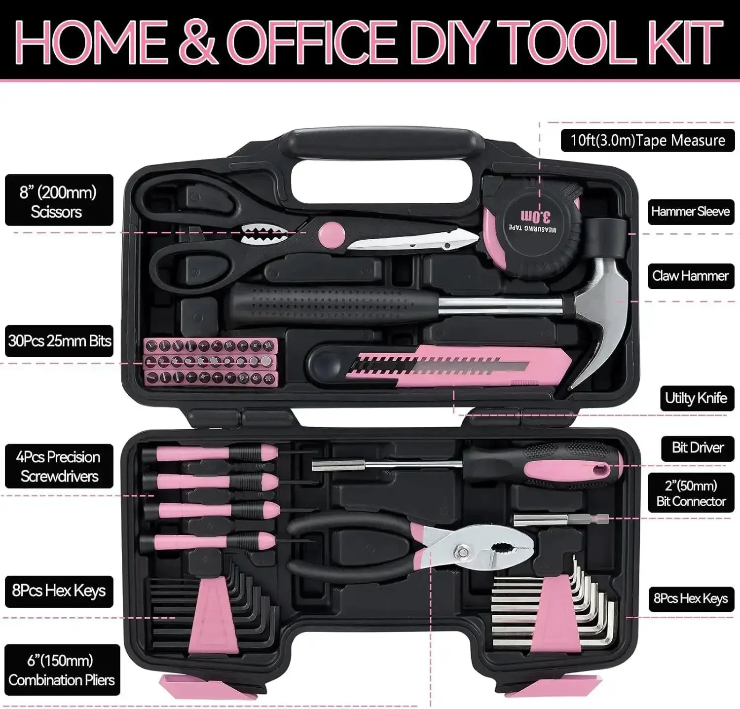 58 Piece Household Tool Set With Pink Plastic Toolbox Case For Everyday Home Repairs And DIY Projects, Includes Hammer, Pliers, Screwdrivers, Tape Measure, And More, All Purpose Tools, Ideal Starter Kit For Women And Beginners - Image 7