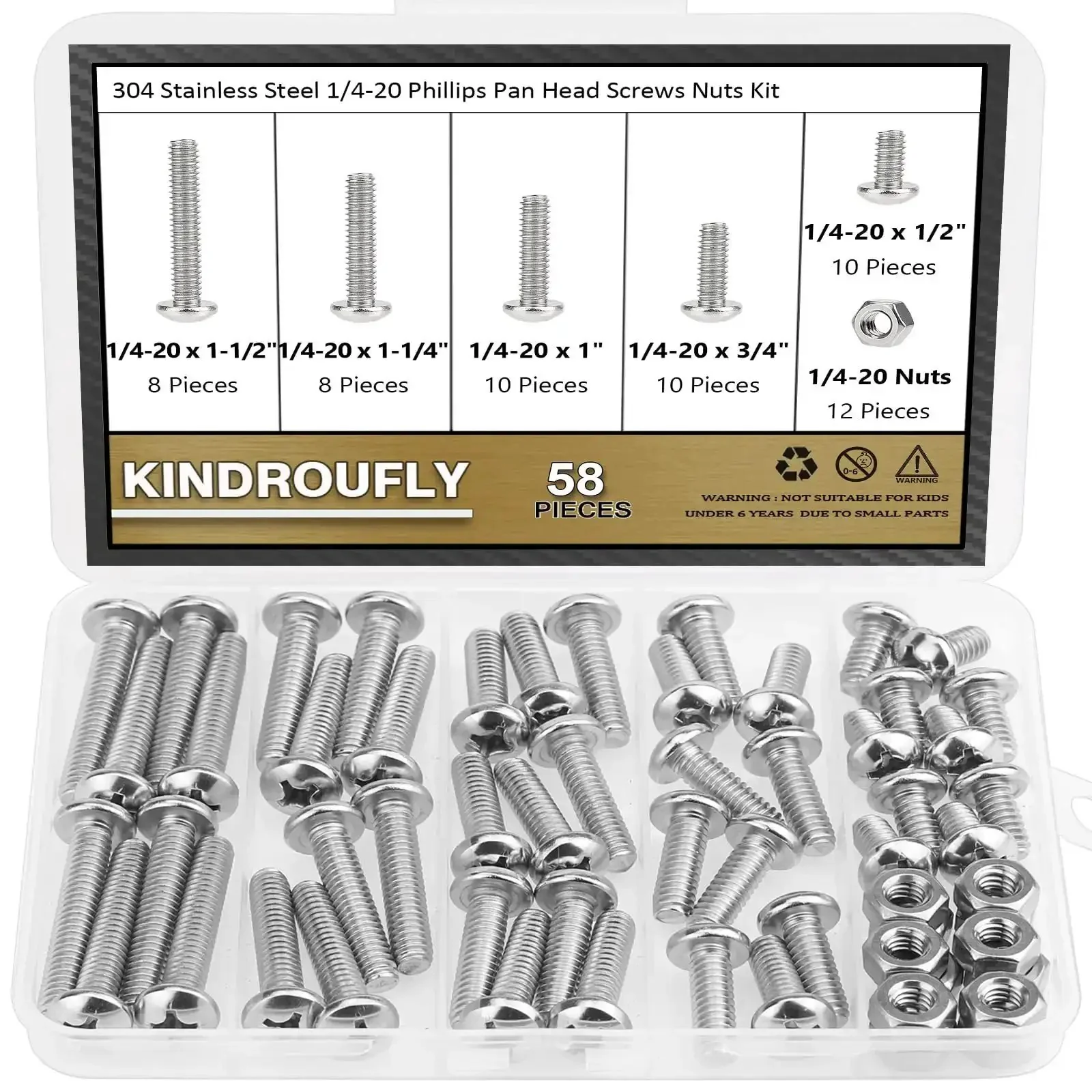 58 Piece Stainless Steel 1/4-20 Phillips Pan Head Machine Screws And Matching Hex Nuts Set With 1/2 Inch, 3/4 Inch, 1 Inch, 1-1/4 Inch, 1-1/2 Inch Lengths Fully Threaded 304 Grade For DIY Projects And Home Repairs - Image 2