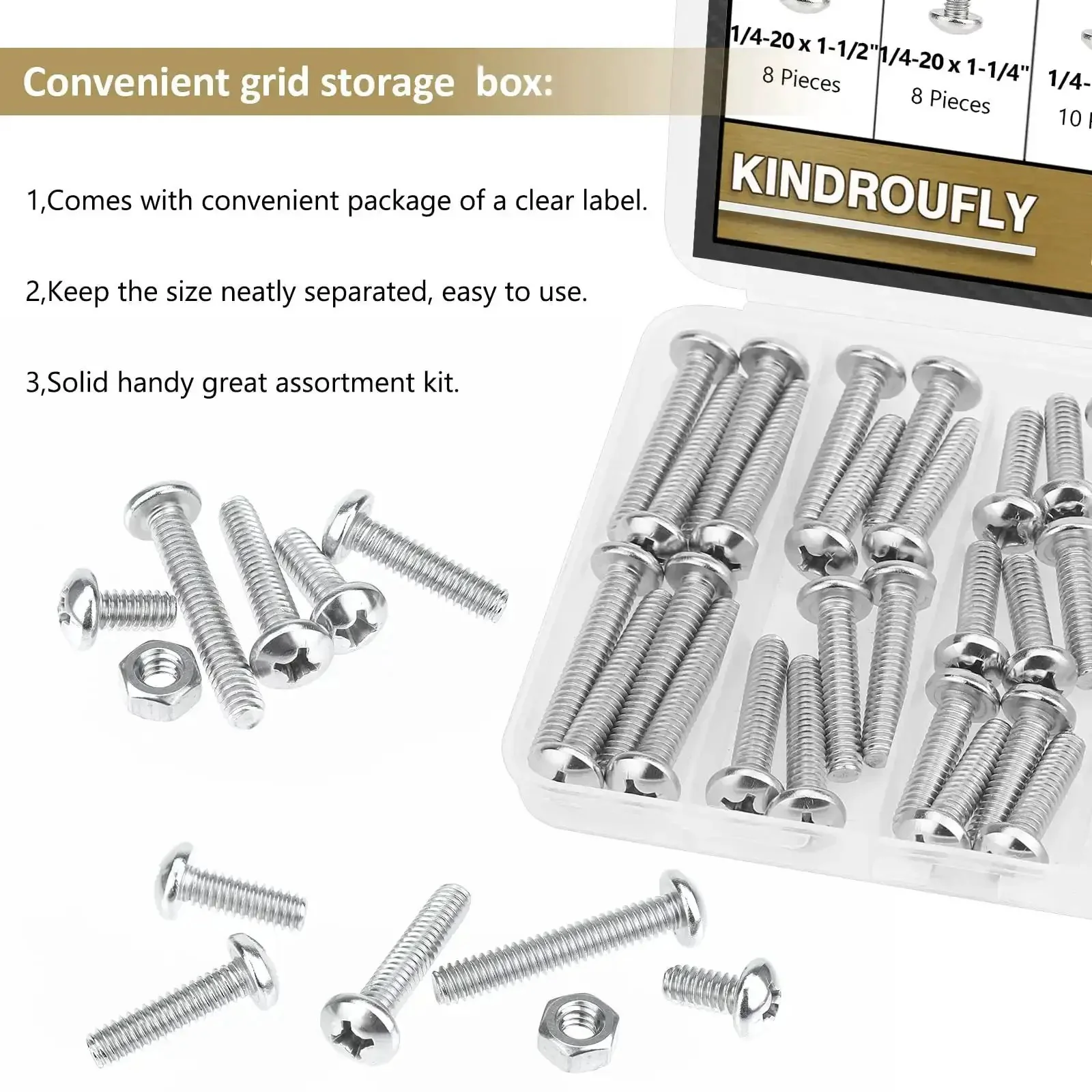 58 Piece Stainless Steel 1/4-20 Phillips Pan Head Machine Screws And Matching Hex Nuts Set With 1/2 Inch, 3/4 Inch, 1 Inch, 1-1/4 Inch, 1-1/2 Inch Lengths Fully Threaded 304 Grade For DIY Projects And Home Repairs - Image 3