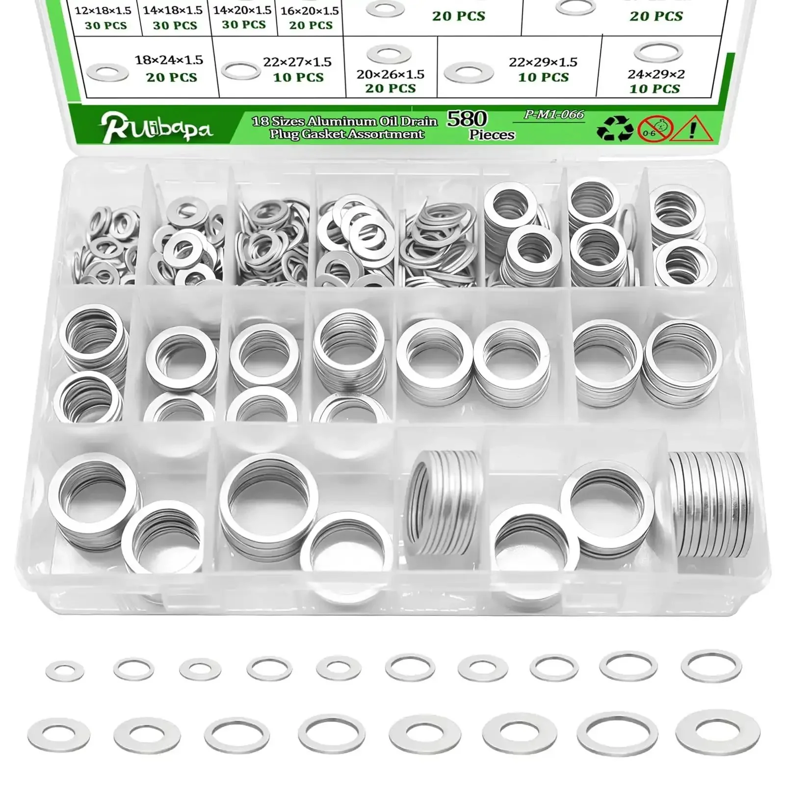 580 Piece Aluminum Oil Drain Plug Crush Washer Kit With 18 Sizes From M6 To M24, Durable Gasket Assortment For Cars And Bikes, Includes M8 M10 M12 M14 M16 M18 M20 M22 M24 Replacement Seal Set