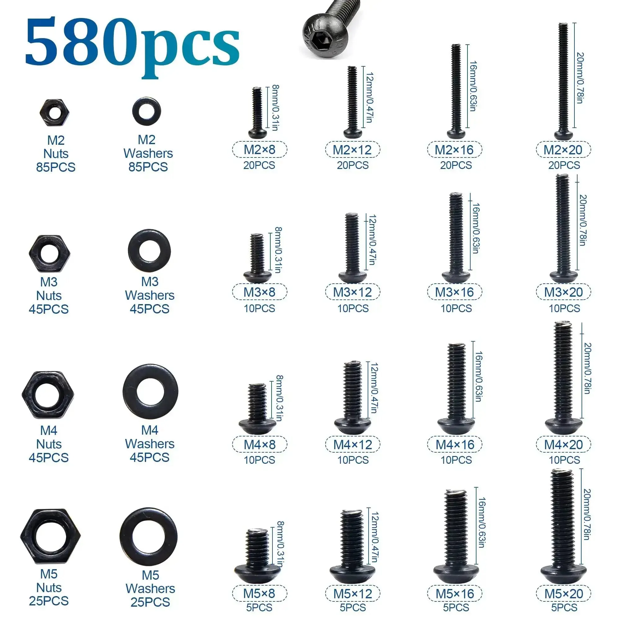 580 Piece Hex Socket Cap Screws Set With Nuts And Flat Washers, M2 M3 M4 M5 Sizes, 8 12 16 20mm Lengths, 304 Stainless Steel Beefy Hardware Kit, Fully Machined Threads, Rugged Go To For Electronics And DIY Projects - Image 6
