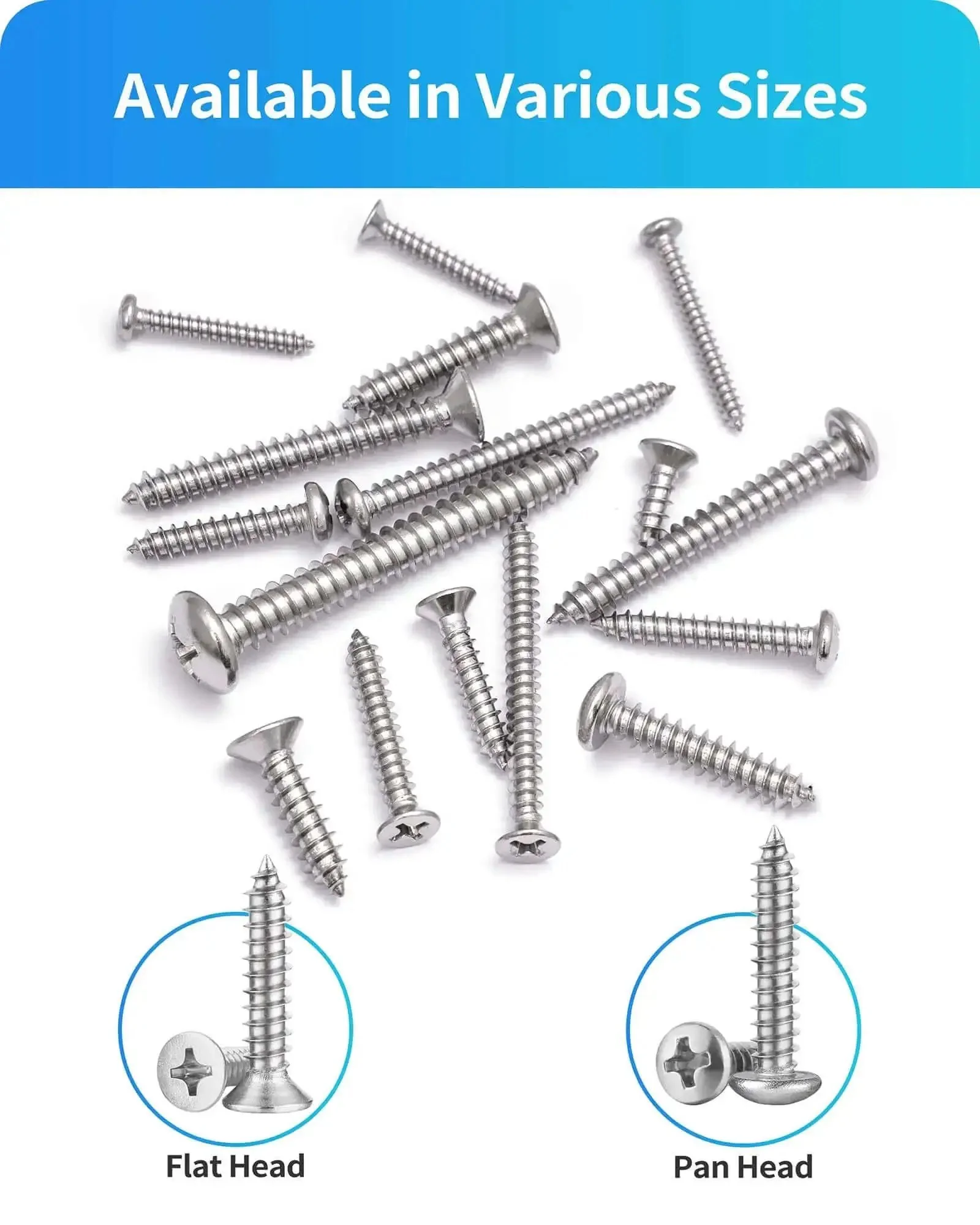 580 Piece Stainless Steel Wood And Sheet Metal Screw Set With 16 Sizes M3 To M6 Phillips Pan Head And Flat Head Self Tapping Screws 12mm 20mm 25mm 40mm 50mm Silver Hardware Kit For Projects Pro Grade Quality - Image 2