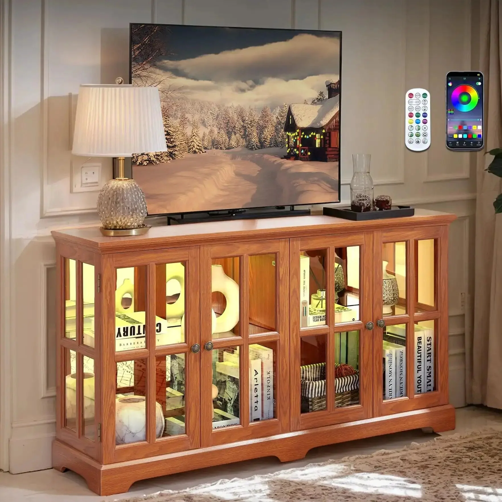 59 Inch LED Curio Cabinet With Seven Color Lights, A Totally Slick Vintage Glass Display Case With Glass Doors, Smartphone Controlled, Short Wooden China Cabinet With Adjustable Shelves For Living Room And Entryway, Dark Oak Finish