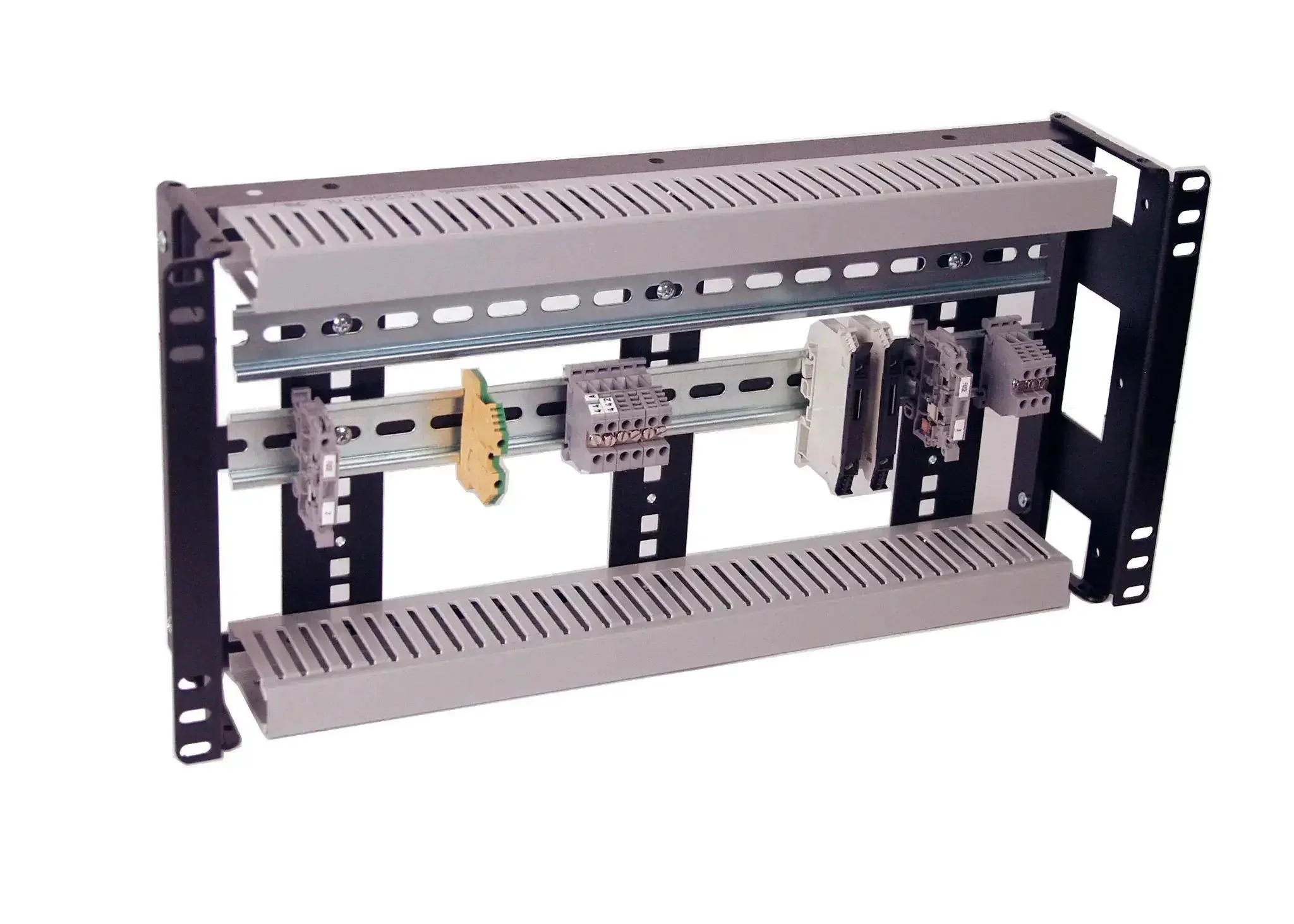 5U Rackmount DIN Rail Panel With 3.78 Inch Low Profile Depth Built Tough From 14 Gauge Steel, Removable DIN Rail, PVC Wire Duct, Adjustable Height, Optimized For Industrial 19 Inch 2 Post Or 4 Post Relay Racks
