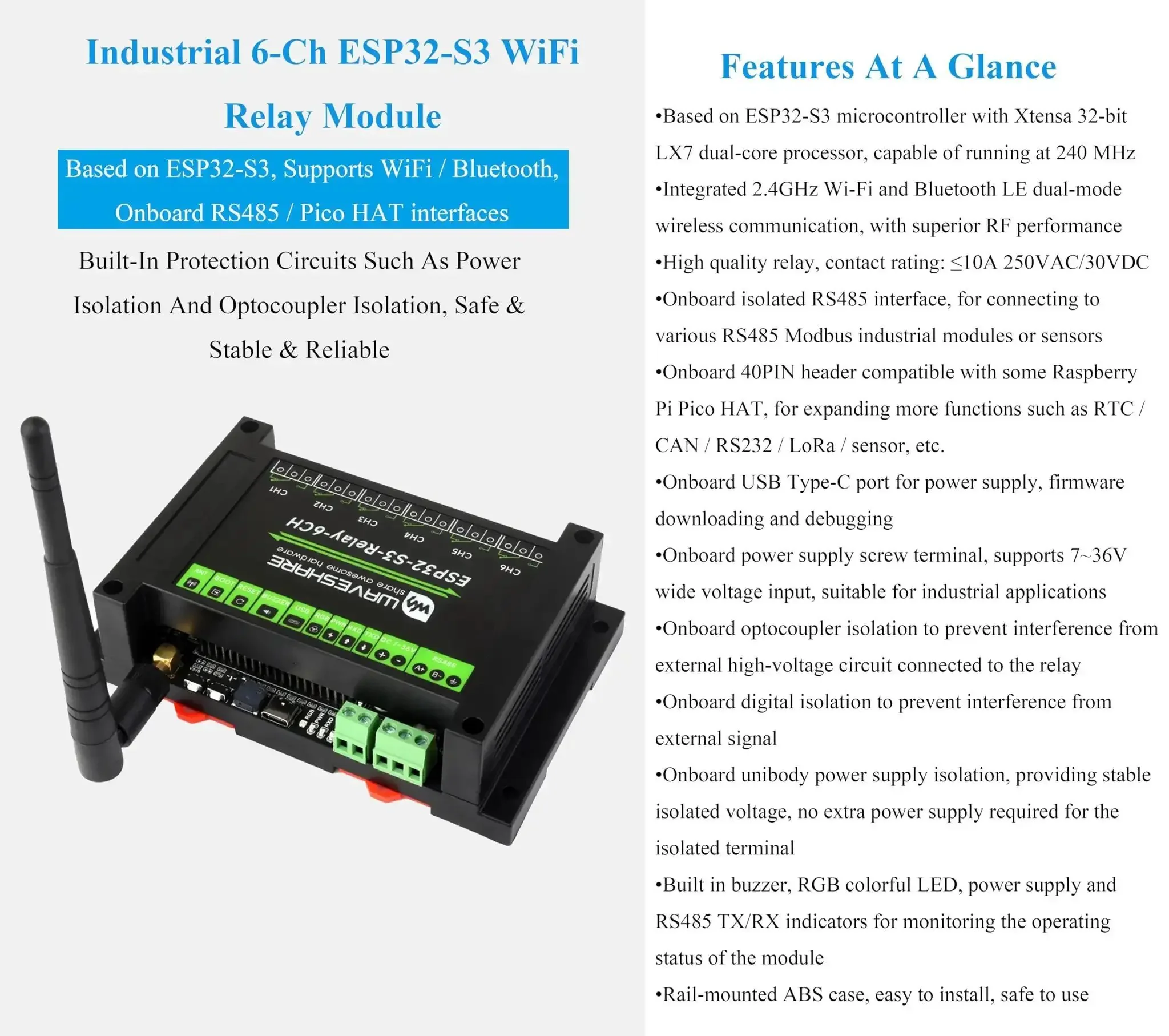 6-Channel ESP32-S3 WiFi Relay Module With Bluetooth And RS485 Control, Onboard RS485 Pico HAT Interfaces, Pro-Grade For Expanding RTC CAN RS232 LoRa And Sensor Networks, Industrial Grade, Rugged And Reliable - Image 8