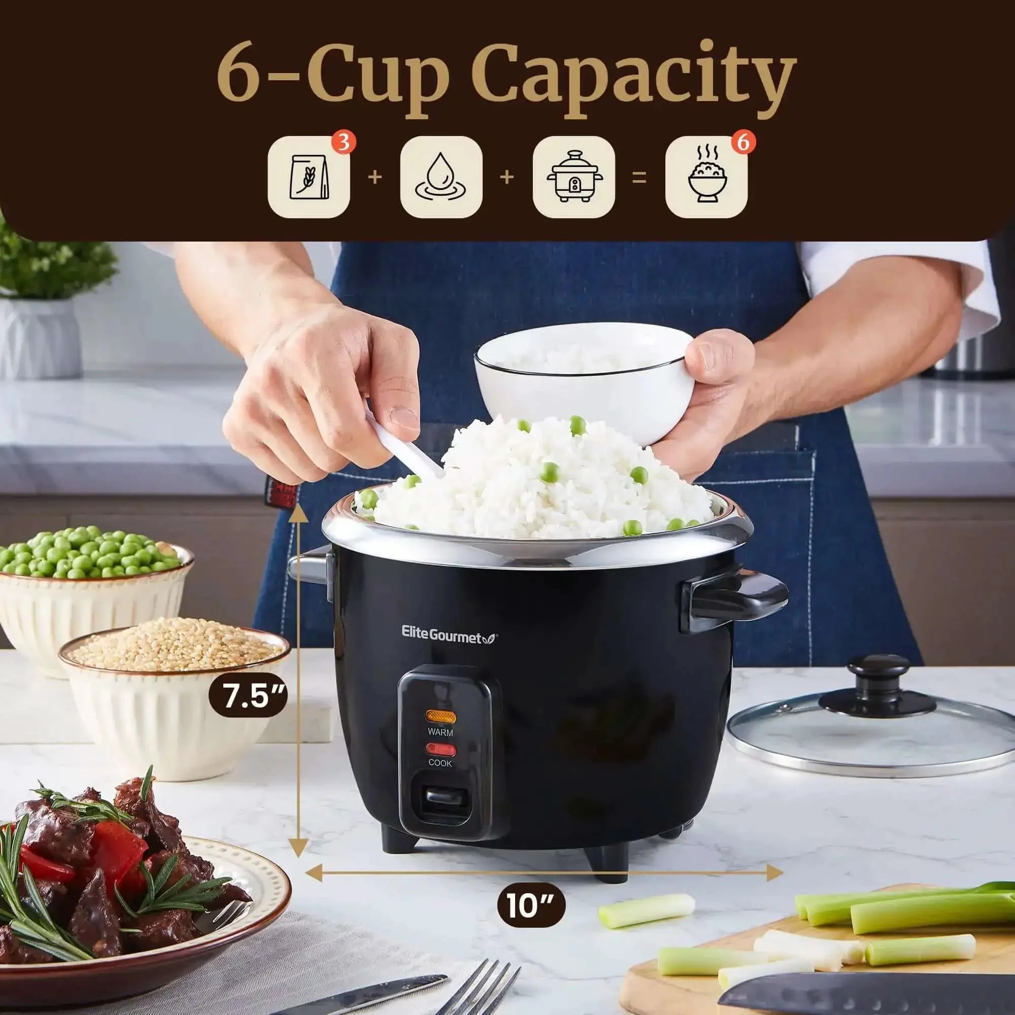 6-Cup Electric Rice Cooker With Stainless Steel Inner Pot For Fluffy Rice Every Time, Also Great For Soups, Stews, Porridges And Grains, Easy One-Touch Cooking, Keeps Warm, Black - Image 4