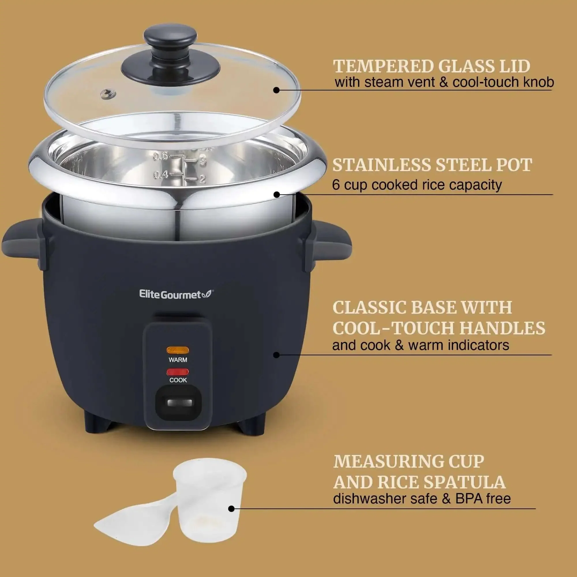 6-Cup Electric Rice Cooker With Stainless Steel Inner Pot For Fluffy Rice Every Time, Also Great For Soups, Stews, Porridges And Grains, Easy One-Touch Cooking, Keeps Warm, Black - Image 6