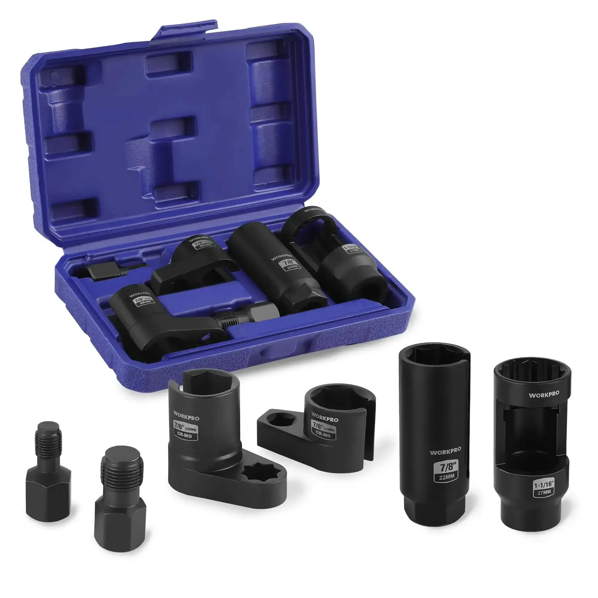 6 Piece O2 Oxygen Sensor Socket Set With 3/8 And 1/2 Inch Drive, Includes 7/8 Inch (22mm) Offset Sockets And 1-1/16 Inch (27mm) Thermal Sensor Socket, Removal Tool And Thread Chaser For Oil Pressure Vacuum Oxygen Sensors