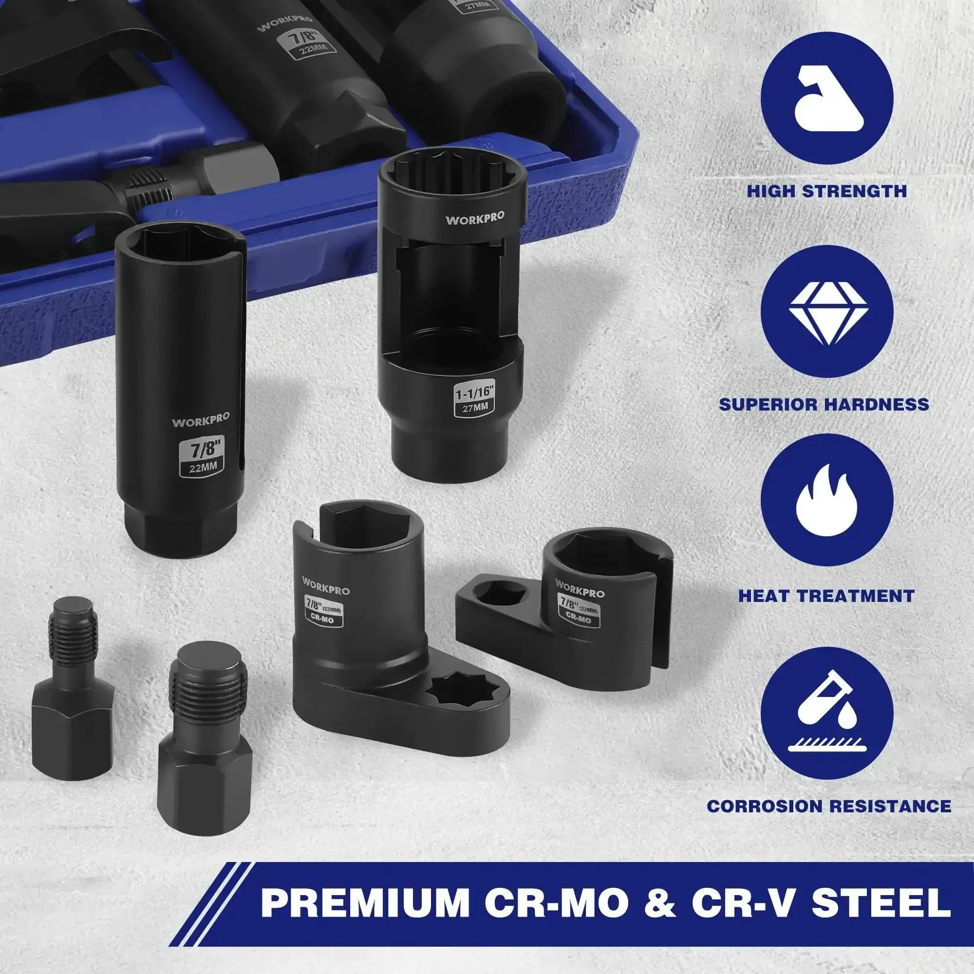 6 Piece O2 Oxygen Sensor Socket Set With 3/8 And 1/2 Inch Drive, Includes 7/8 Inch (22mm) Offset Sockets And 1-1/16 Inch (27mm) Thermal Sensor Socket, Removal Tool And Thread Chaser For Oil Pressure Vacuum Oxygen Sensors - Image 2