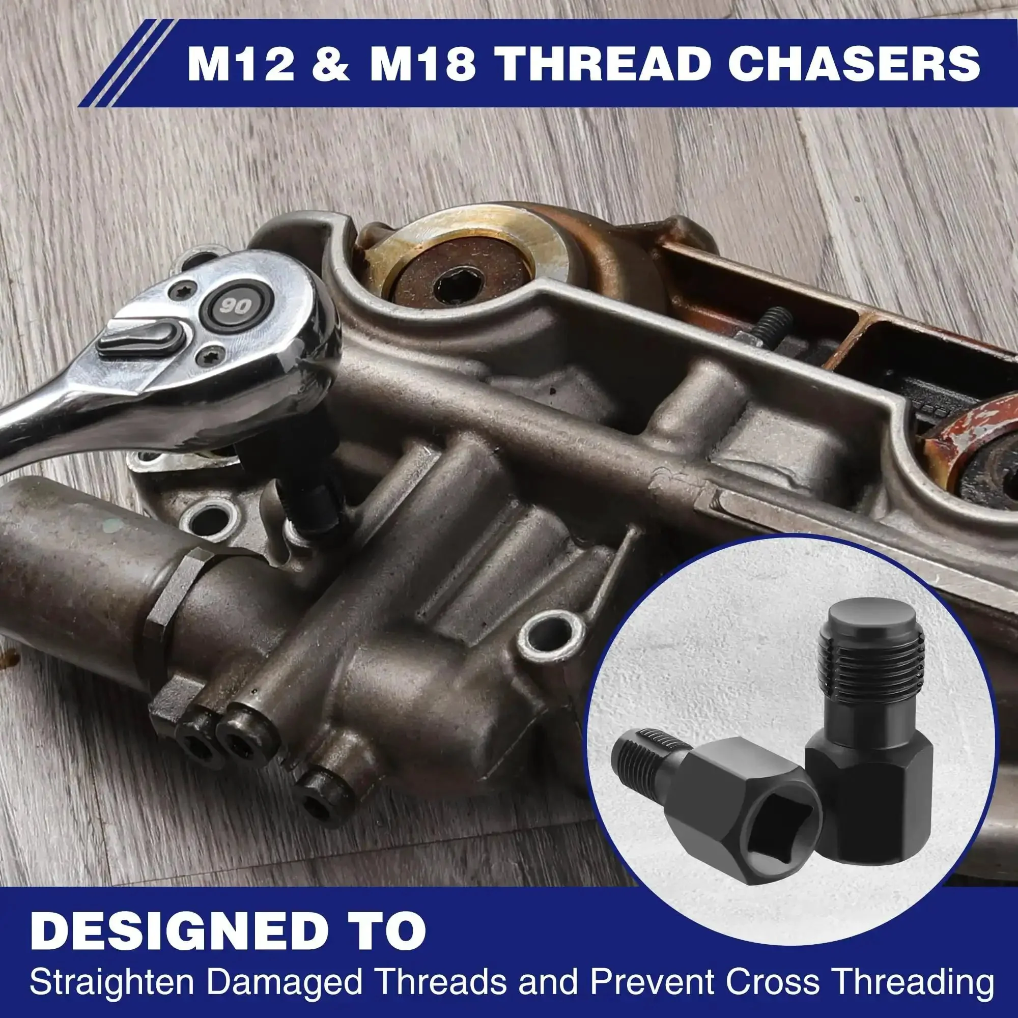 6 Piece O2 Oxygen Sensor Socket Set With 3/8 And 1/2 Inch Drive, Includes 7/8 Inch (22mm) Offset Sockets And 1-1/16 Inch (27mm) Thermal Sensor Socket, Removal Tool And Thread Chaser For Oil Pressure Vacuum Oxygen Sensors - Image 3