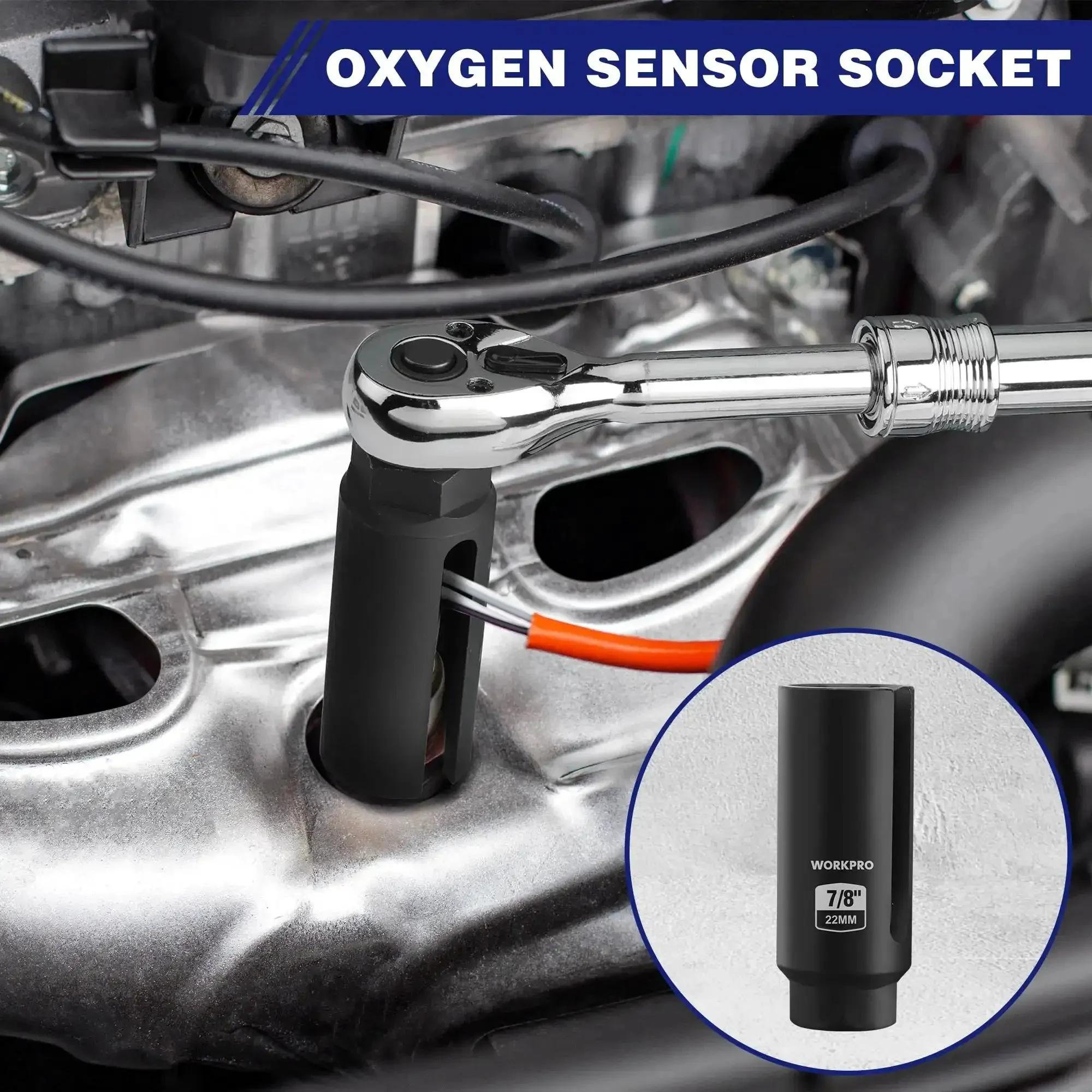 6 Piece O2 Oxygen Sensor Socket Set With 3/8 And 1/2 Inch Drive, Includes 7/8 Inch (22mm) Offset Sockets And 1-1/16 Inch (27mm) Thermal Sensor Socket, Removal Tool And Thread Chaser For Oil Pressure Vacuum Oxygen Sensors - Image 5