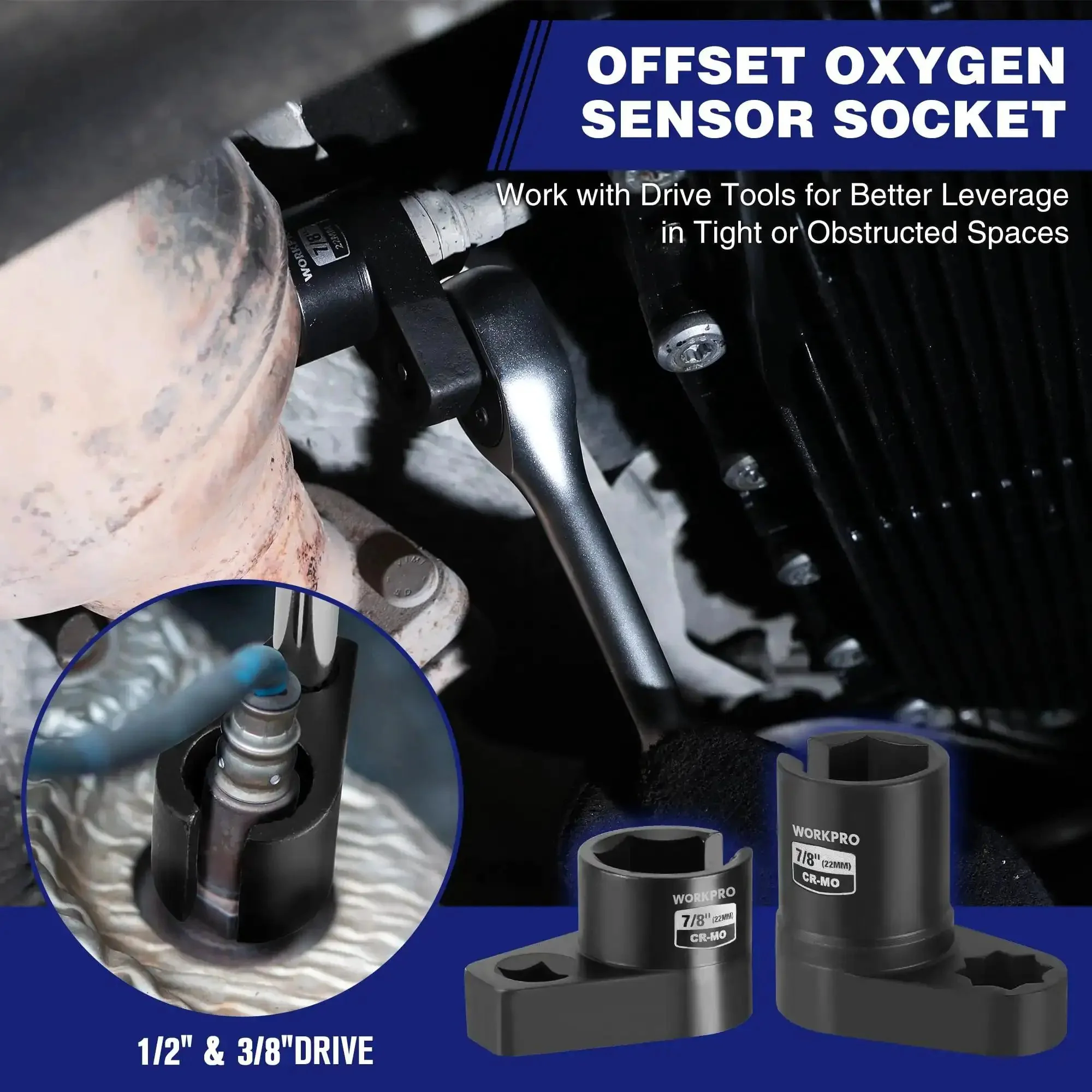 6 Piece O2 Oxygen Sensor Socket Set With 3/8 And 1/2 Inch Drive, Includes 7/8 Inch (22mm) Offset Sockets And 1-1/16 Inch (27mm) Thermal Sensor Socket, Removal Tool And Thread Chaser For Oil Pressure Vacuum Oxygen Sensors - Image 6